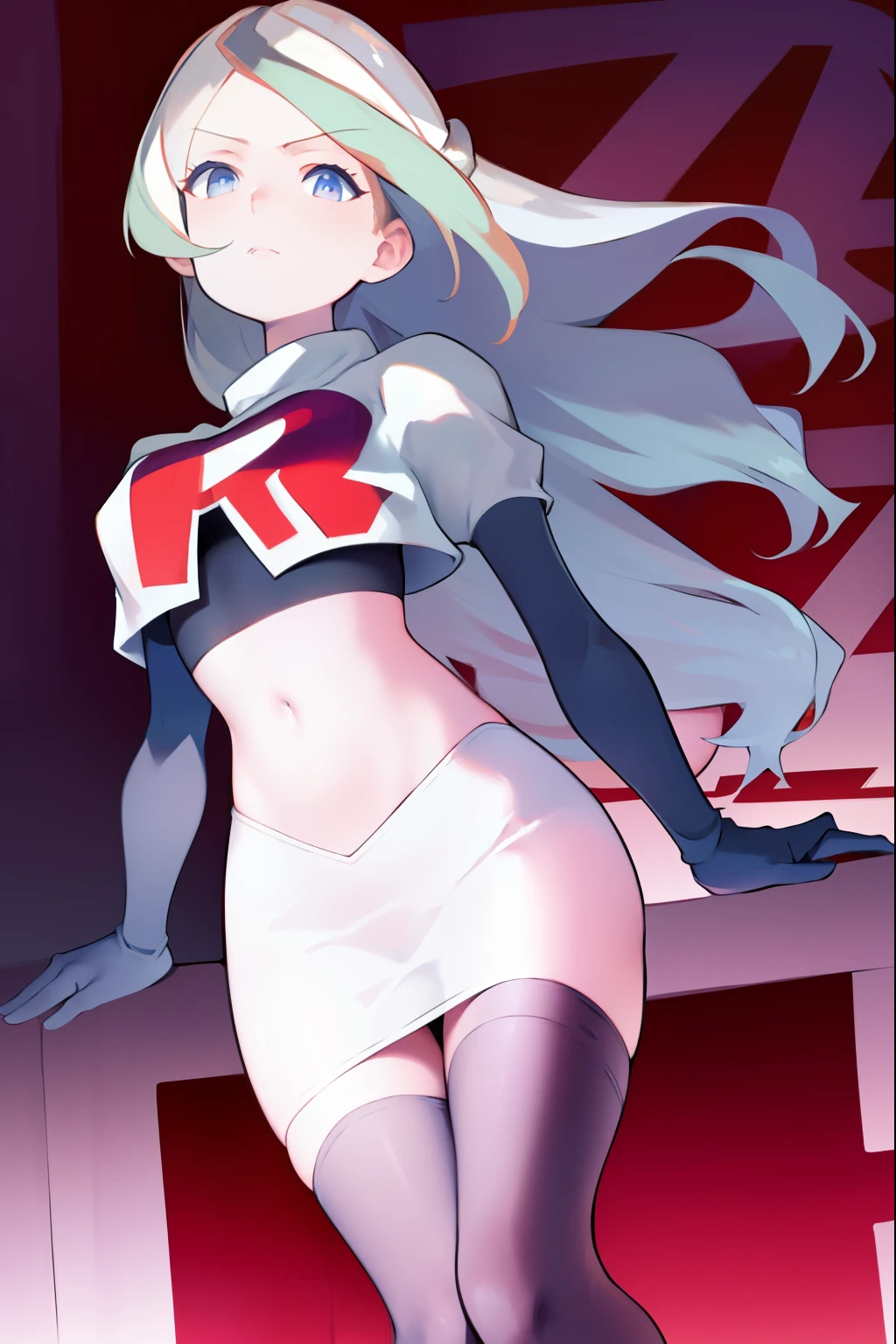 masterpiece, best quality, absurdres, perfect anatomy, 1girl, solo, DianaCavendish, long hair, DianaCavendishBase, team rocket,team rocket uniform, red letter R, white skirt,white crop top,black thigh-highs,black elbow gloves,