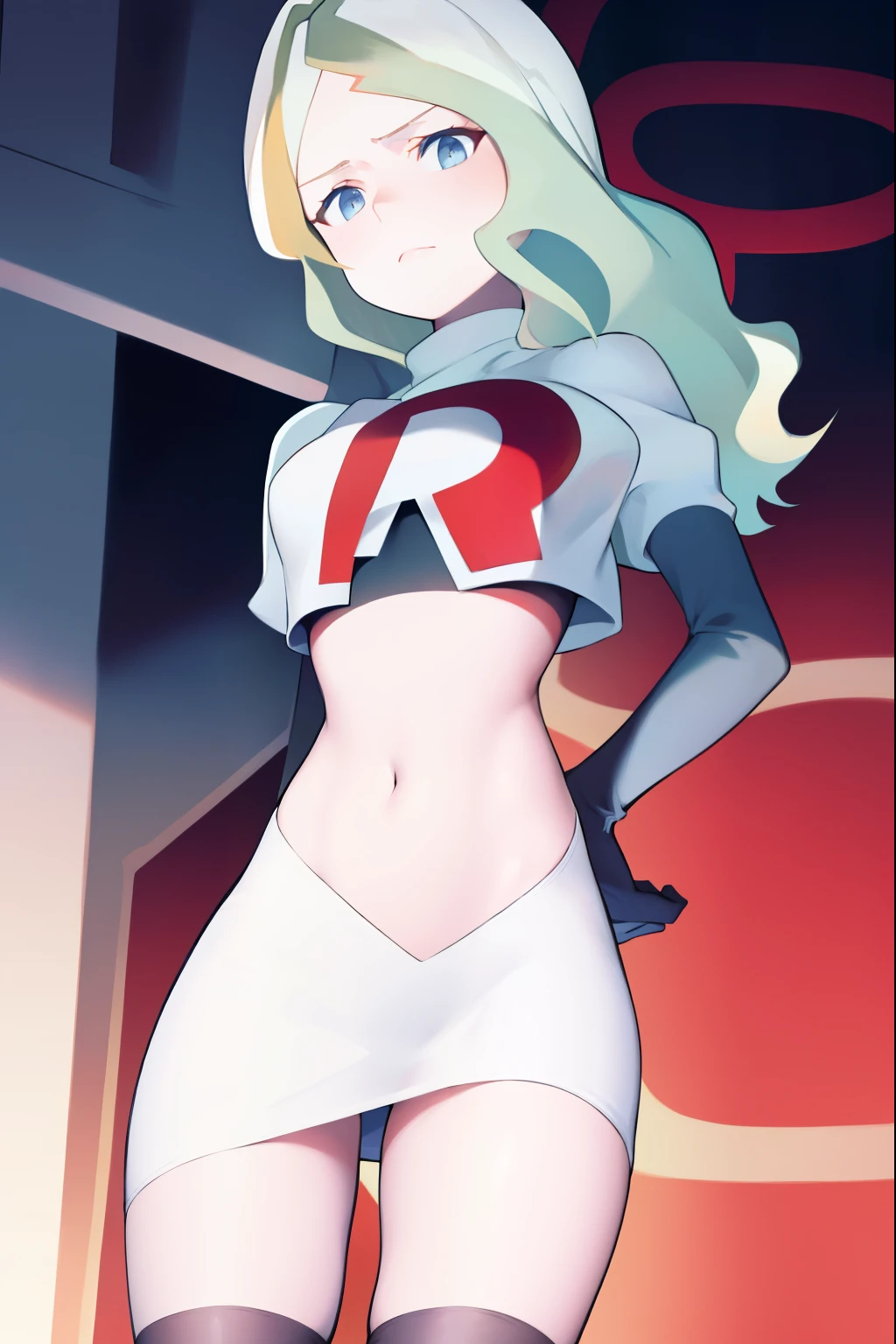 masterpiece, best quality, absurdres, perfect anatomy, 1girl, solo, DianaCavendish, long hair, DianaCavendishBase, team rocket,team rocket uniform, red letter R, white skirt,white crop top,black thigh-highs,black elbow gloves,