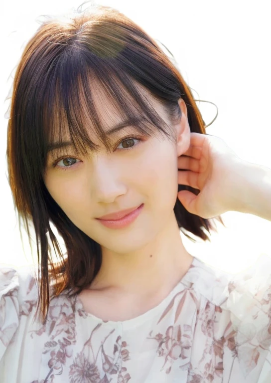 there is a woman with a flowered shirt posing for a picture, 奈良美智, deayami kojima, chiho, sui ishida with black hair, Shiori Teshirogi, Kotegawa Yui, kiko mizuhara, Yasumoto Oka, harumi, closeup Iwakura Lain