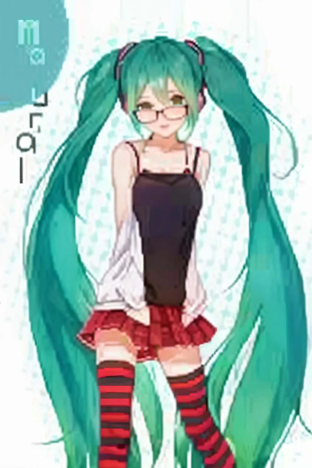 Anime girl with long green hair and red and black striped stockings, hatsune Miku short hair, anime girl with teal hair, Mikudayo, hatsune Miku, hatsune Miku , Long Hair Anime Girl, portrait of hatsune Miku, hatsune Miku face, hatsune Miku portrait, anime picture, Miku, vocaloid, anime girl in real life