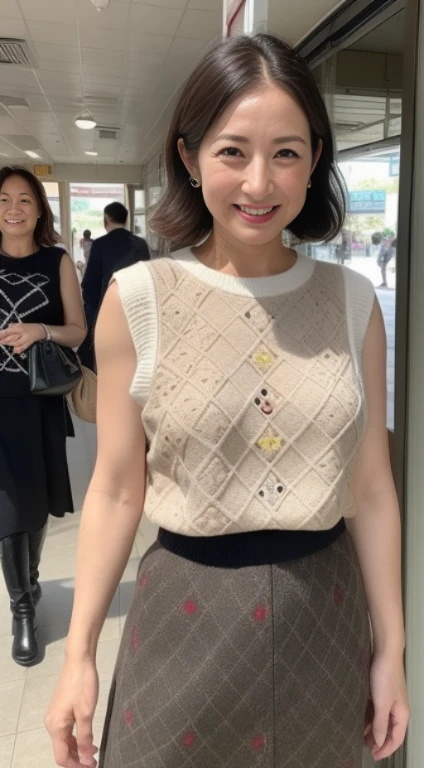 Best Quality, hight resolution, Hires, Skin definition, Detailed skin, Detailed eyes, Detailed face, 4K, 日本人A MILF, ((独奏)), (((50 years old))), (Wrinkles at the corners of the eyes:1.6), (nasolabial folds:1.3), A MILF, glamor, A sexy, Chromo-white skin, ((Wavy Longhair)), Looking at Viewer,(((my skin is old))), ((muscles are old)), (((A slender))), ((Saggy udder)), (Saggy buttocks), ((Japanese Models)), 4K, (photoRealistic:1.5), Realistic, nffsw, Beautiful, Bimbo, Perfect makeup, small diamond necklace, piercings, ((Brown coat, nordic pattern sweater, sleeveless, Argyle pattern pleated skirt, Black long boots )), ssmile, Public places,Full body photo,