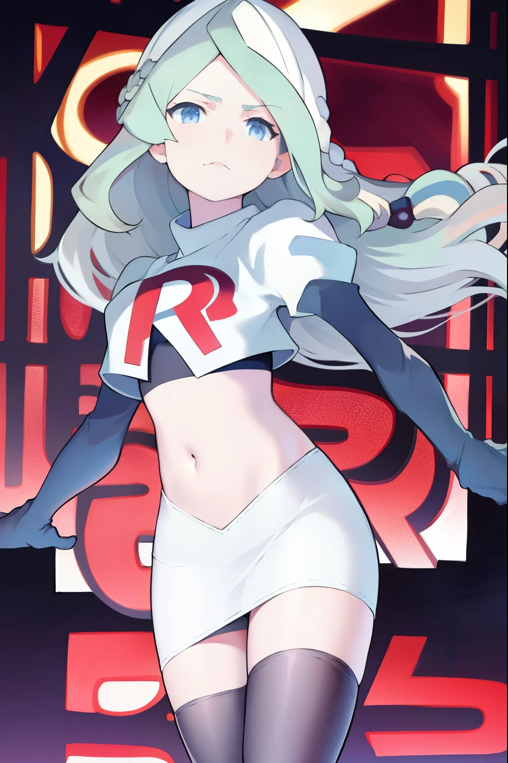 masterpiece, best quality, absurdres, perfect anatomy, 1girl, solo, DianaCavendish, long hair, DianaCavendishBase, team rocket,team rocket uniform, red letter R, white skirt,white crop top,black thigh-highs,black elbow gloves,