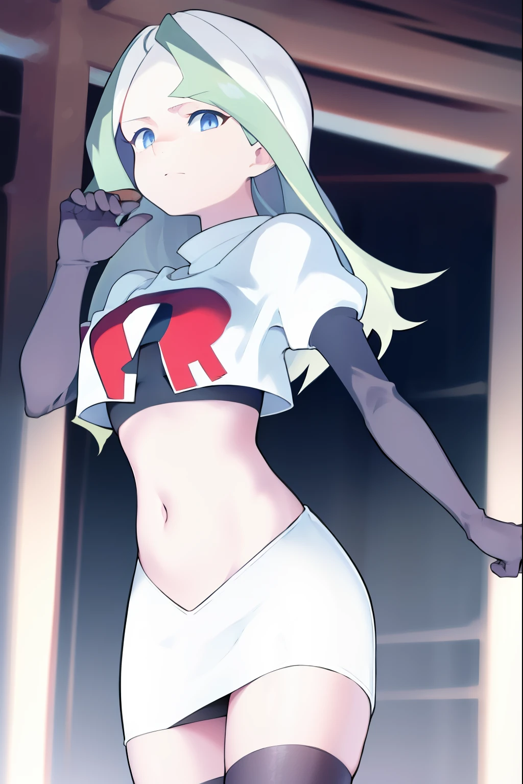 masterpiece, best quality, absurdres, perfect anatomy, 1girl, solo, DianaCavendish, long hair, DianaCavendishBase, team rocket,team rocket uniform, red letter R, white skirt,white crop top,black thigh-highs,black elbow gloves,