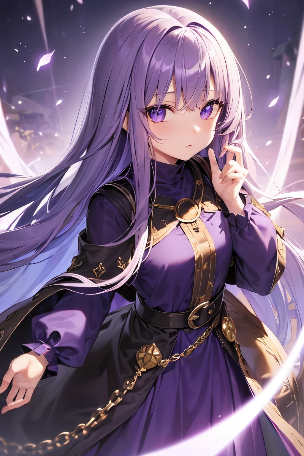 masutepiece, Best Quality, 、((Beautiful detailed eyes))、 (Detailed light)、depth of fields、Light purple hair、Light purple eyes、very long hair、((light purple long dress)),(medium breasts)、((Dark blue cloak)),((straight hair))、(chain luxury belt),(clear face)