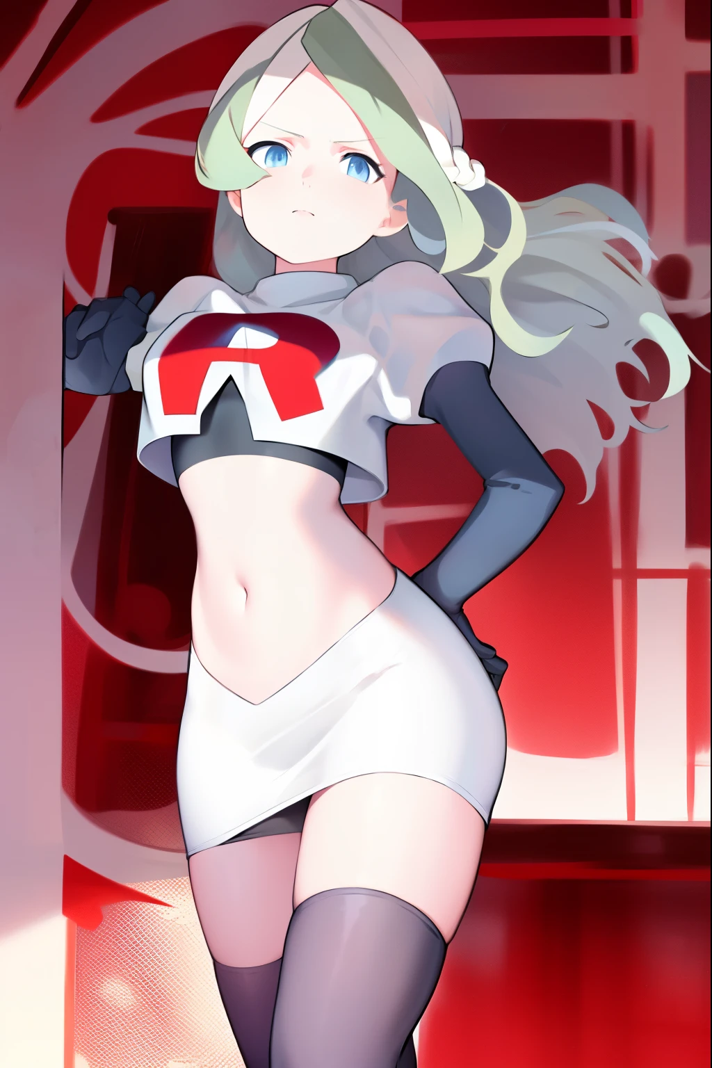 masterpiece, best quality, absurdres, perfect anatomy, 1girl, solo, DianaCavendish, long hair, DianaCavendishBase, team rocket,team rocket uniform, red letter R, white skirt,white crop top,black thigh-highs,black elbow gloves,