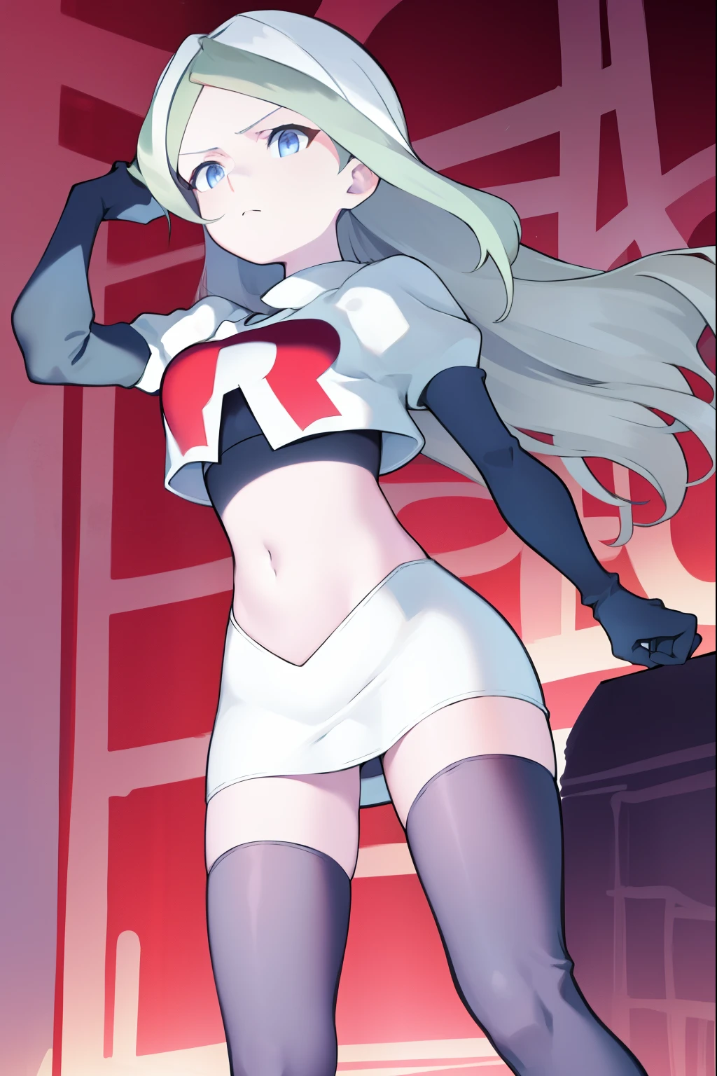 masterpiece, best quality, absurdres, perfect anatomy, 1girl, solo, DianaCavendish, long hair, DianaCavendishBase, team rocket,team rocket uniform, red letter R, white skirt,white crop top,black thigh-highs,black elbow gloves,