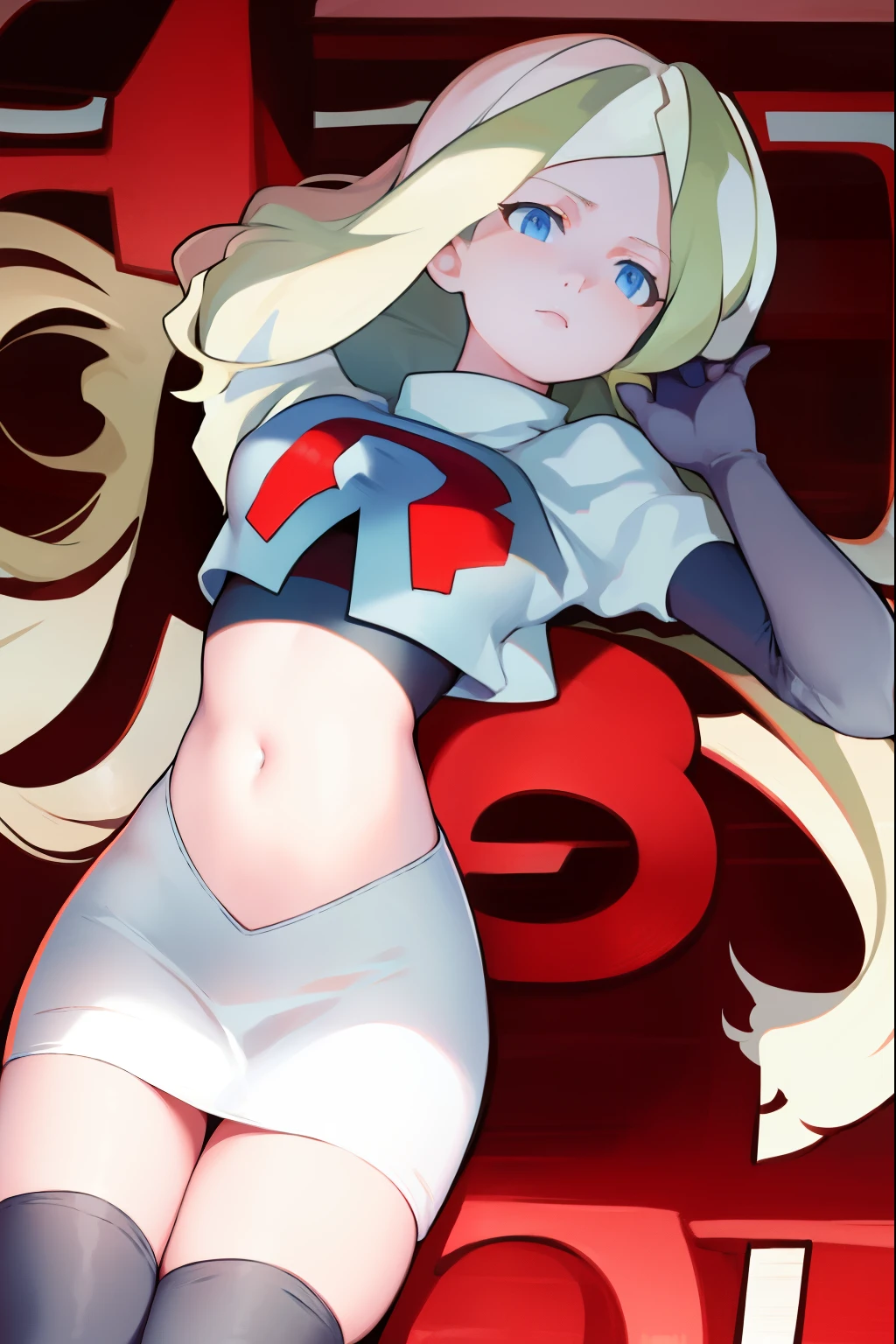 masterpiece, best quality, absurdres, perfect anatomy, 1girl, solo, DianaCavendish, long hair, DianaCavendishBase, team rocket,team rocket uniform, red letter R, white skirt,white crop top,black thigh-highs,black elbow gloves,