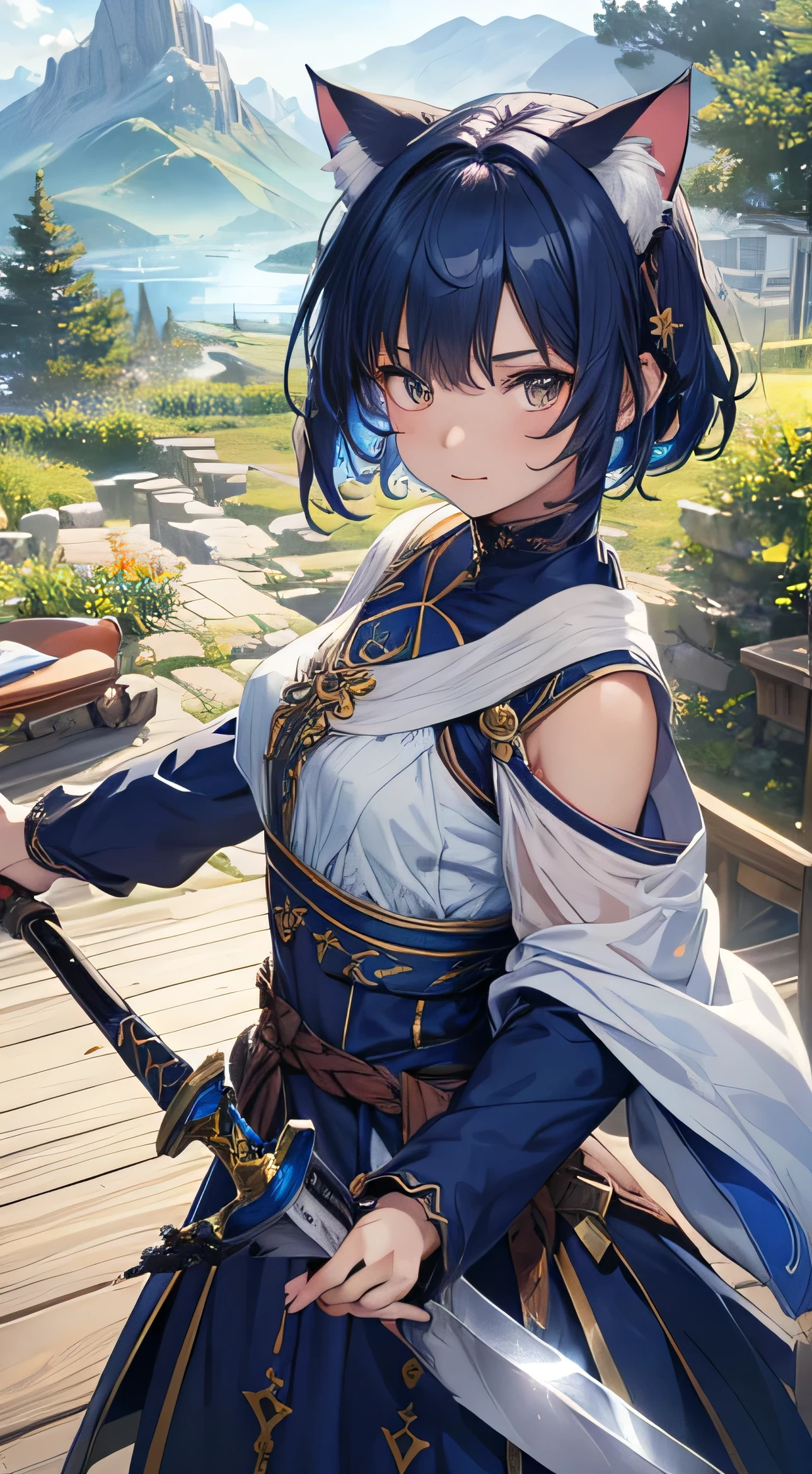 beautiful detail한 소녀, Clear and beautiful, radiant skin, girls, femele, young, 20yo, bobbed hair, short-hair, beautiful detail glass hair, ((Wielding a big sword, Combat posture)) ((colorful blue greek costumes)) beautiful detail, , beautiful-detailed eyes, medium 가슴, Brown eyes, Full-fledged skin texture, Very good 8KCG wallpapers, very fine 8K CG wallpaper, watercolor (medium), female warrior, (((cat ear))), Wielding a sword, Attacking stance, (((Natural background, mountains, wood))), ((plein air)), upper body cut, Costume colors are colorful and saturated..,