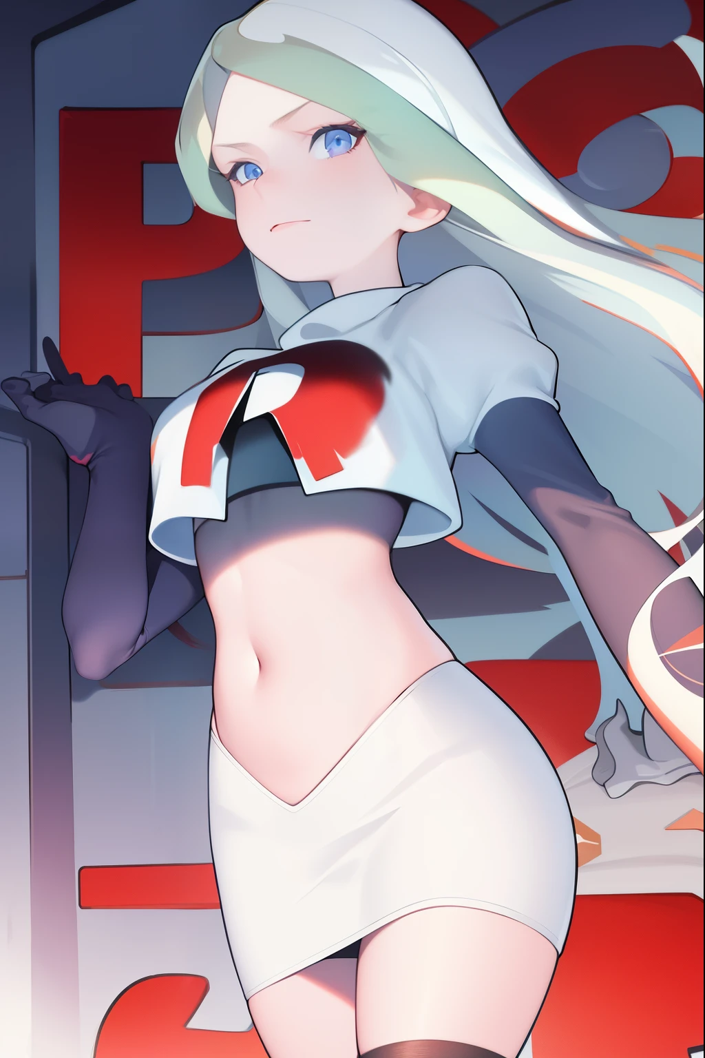 masterpiece, best quality, absurdres, perfect anatomy, 1girl, solo, DianaCavendish, long hair, DianaCavendishBase, team rocket,team rocket uniform, red letter R, white skirt,white crop top,black thigh-highs,black elbow gloves,