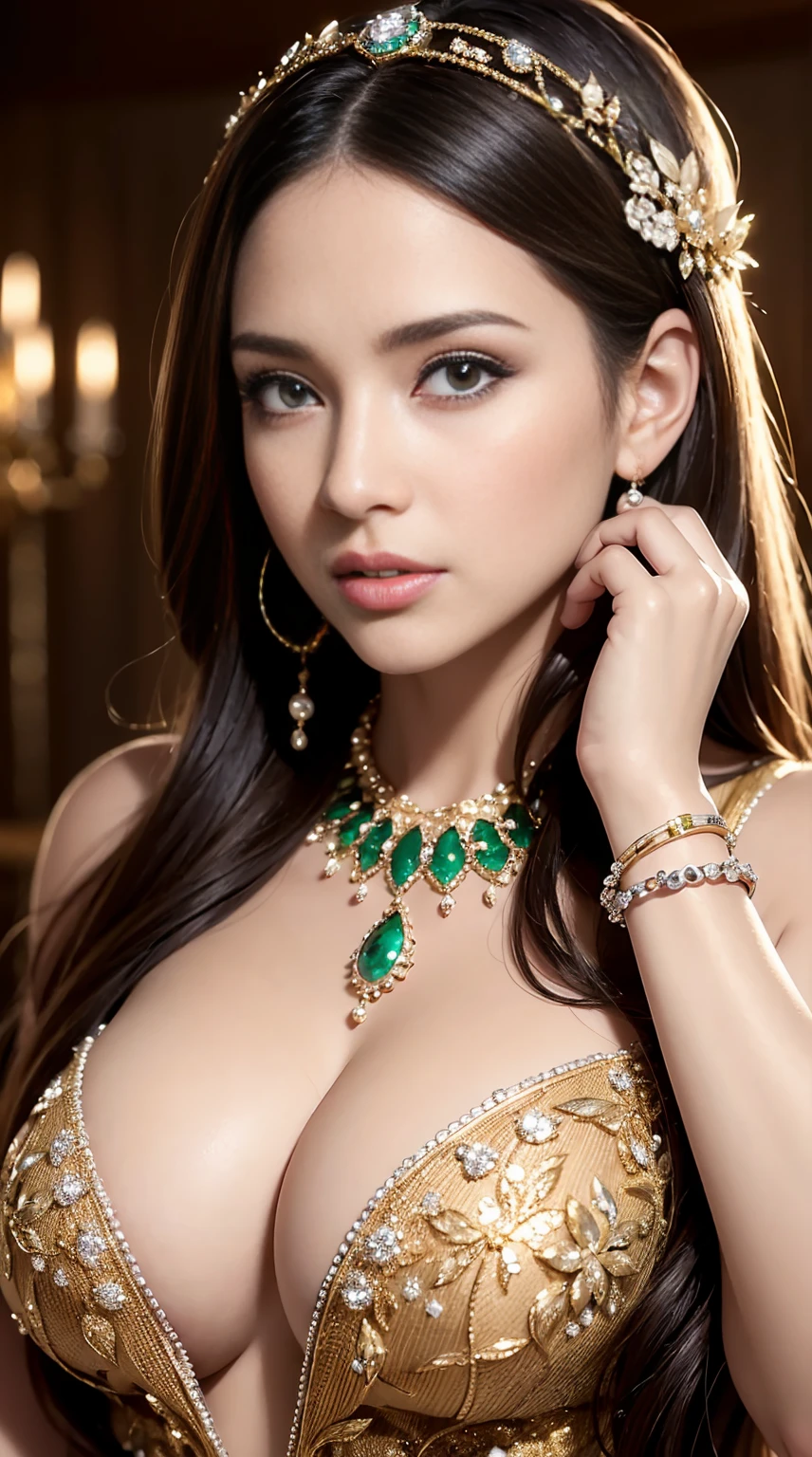 Ultra detailed, realistic, (1girl), full body, (detailed background), [(detailed face): 14], (detailed nose red), (huge chest), daylight detail, (high detail skin: 1.4), pale skin, (dark eye detail: 1.4), (big eyes), high detail, {best quality}, {{masterpiece}, {high detail}, original, very detailed 8K wallpaper, masterpiece, best quality, illustration, fine detail eyes, cinematic lighting, ultra-realistic 8k cg, picture perfect face, flawless, clean, masterpiece, professional artwork, famous artwork, movie lights, movie bloom, perfect face, beautiful face, beautiful eyes, fantasy, dreamy, unreal, sci-fi, huge breasts, beautiful clothes, ridiculously long hair, very long hair, (rich: 1.4), prestige, luxury, jewelry, diamonds, gold, pearls, precious stones, sapphires, rubies, emeralds, intricate details, delicate patterns, charming, seductive, seductive, erotic, enchanting, Hair accessories, necklaces, earrings, bracelets, armbands,