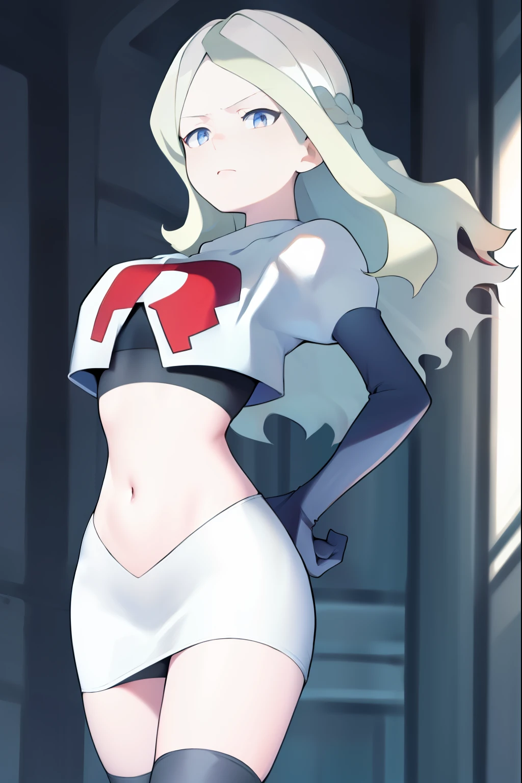 masterpiece, best quality, absurdres, perfect anatomy, 1girl, solo, DianaCavendish, long hair, DianaCavendishBase, team rocket,team rocket uniform, red letter R, white skirt,white crop top,black thigh-highs,black elbow gloves,