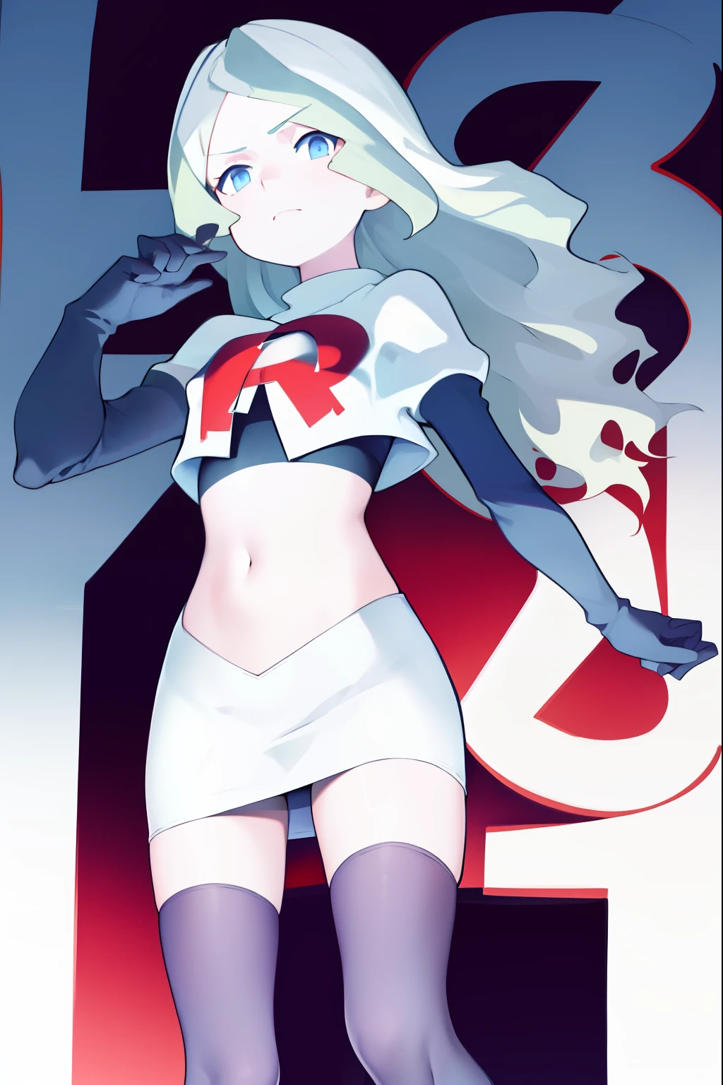 masterpiece, best quality, absurdres, perfect anatomy, 1girl, solo, DianaCavendish, long hair, DianaCavendishBase, team rocket,team rocket uniform, red letter R, white skirt,white crop top,black thigh-highs,black elbow gloves,