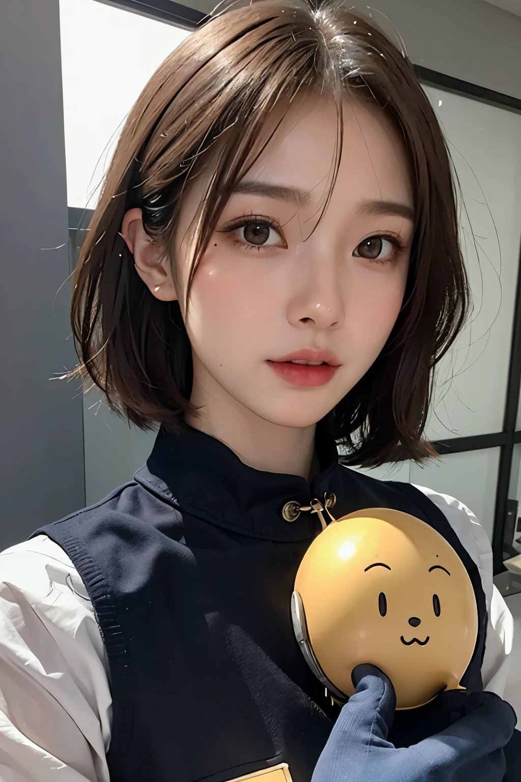 top-quality、masterpiece、超A high resolution、(realisitic:1.4)、Beautuful Women1、Beautiful detail eyes and skin、ssmile、Light brown short-cut hair、The perfect spacesuit、spaceships、Gray sky、Snow World、