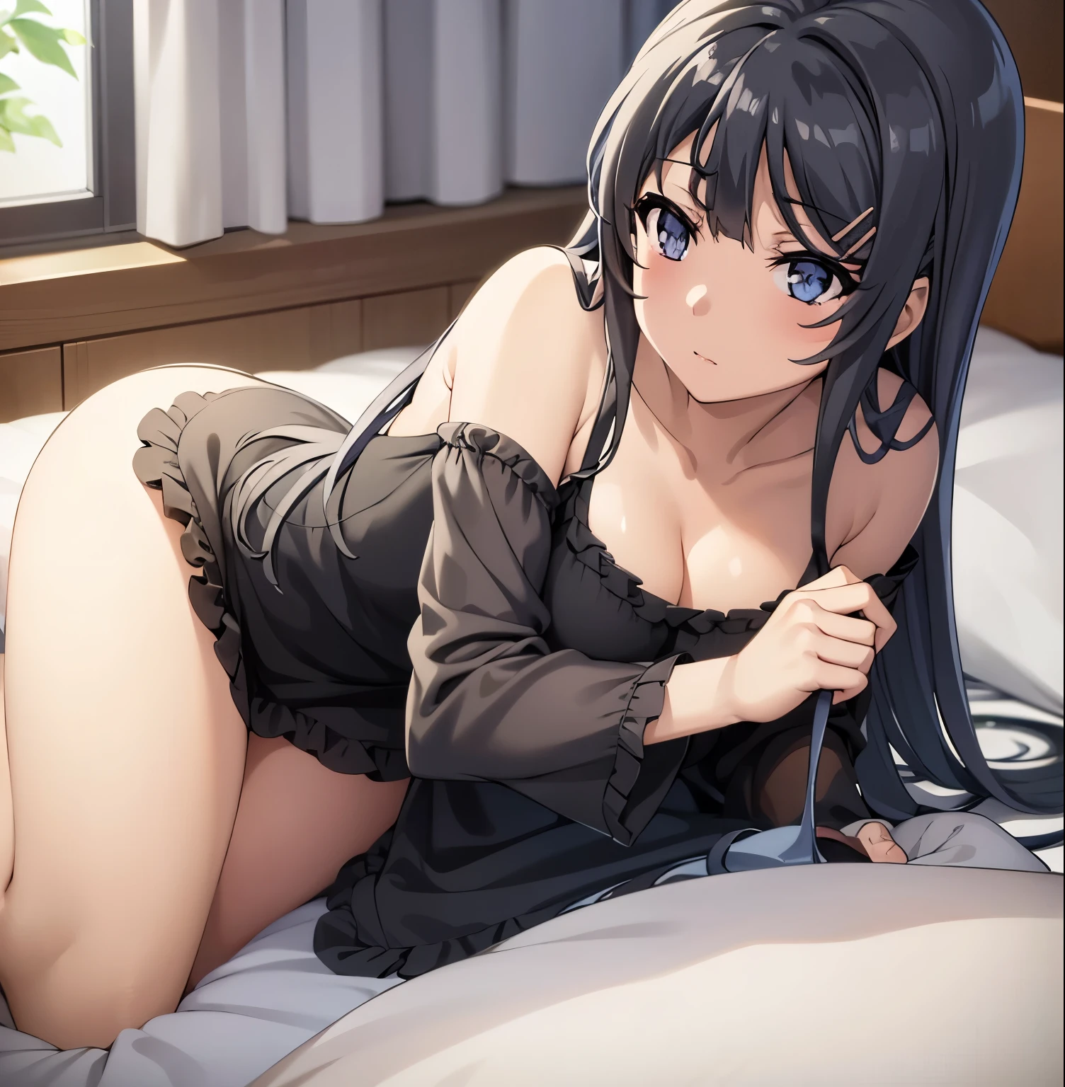 ((best quality, highres, UHD, 8k wallpaper, extremely detailed, perfect pixel, perfect anatomy)), ((anime smooth CG, skin texture:1.2)), 1sakurajimamai, anime character, 2d, sketch art, one anime woman, sad, blushing, embrassed, black hair, busty, medium breasts, cleavage, POV, close up, looking at viewer, ((nightgown, dress)), (detailed eyes, beautiful eyes), (indoor, bedroom)