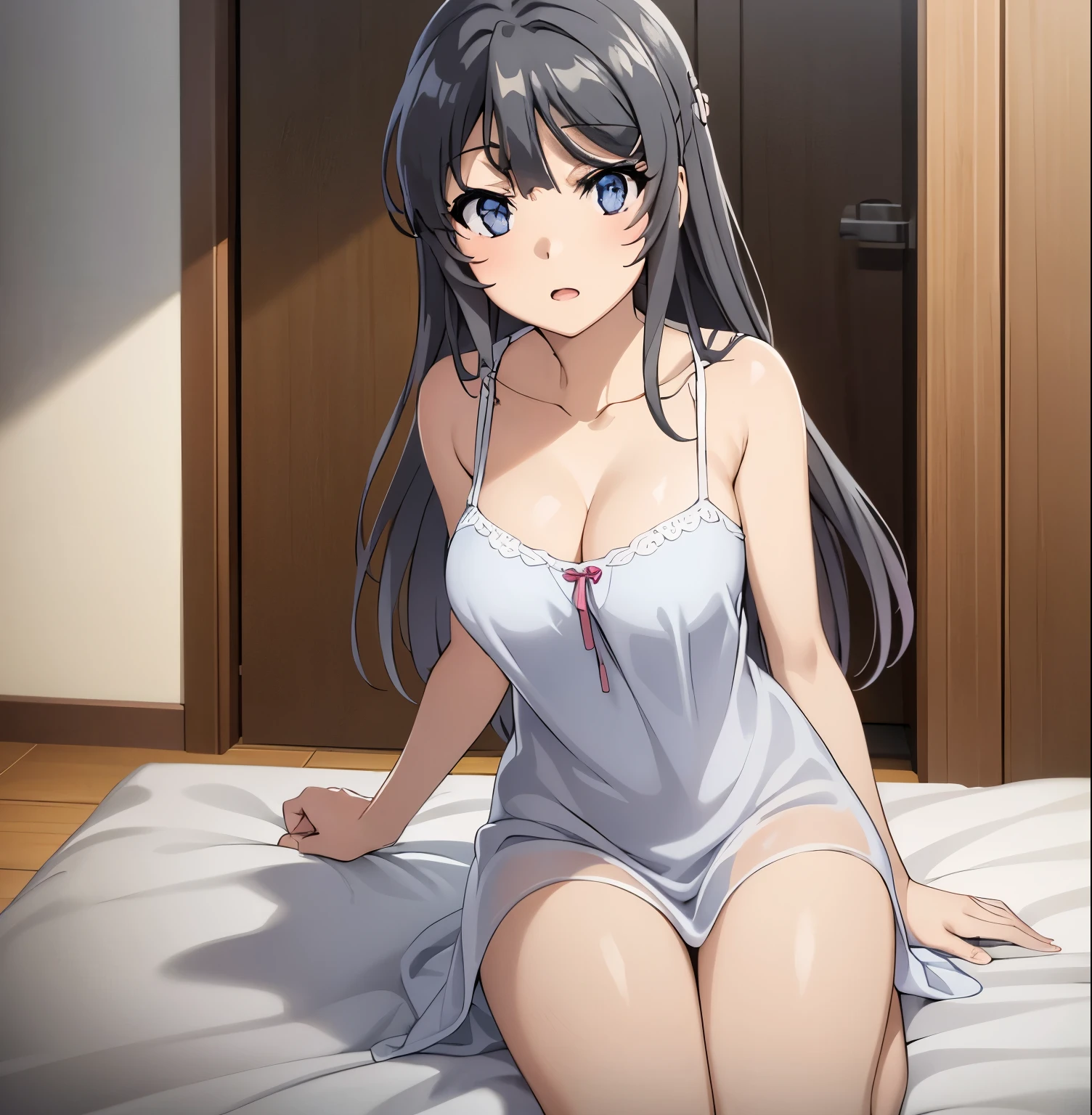 ((best quality, highres, UHD, 8k wallpaper, extremely detailed, perfect pixel, perfect anatomy)), ((anime smooth CG, skin texture:1.2)), 1sakurajimamai, anime character, 2d, sketch art, one anime woman, sad, blushing, embrassed, black hair, busty, medium breasts, cleavage, POV, close up, looking at viewer, ((nightgown, dress)), (detailed eyes, beautiful eyes), (indoor, bedroom)