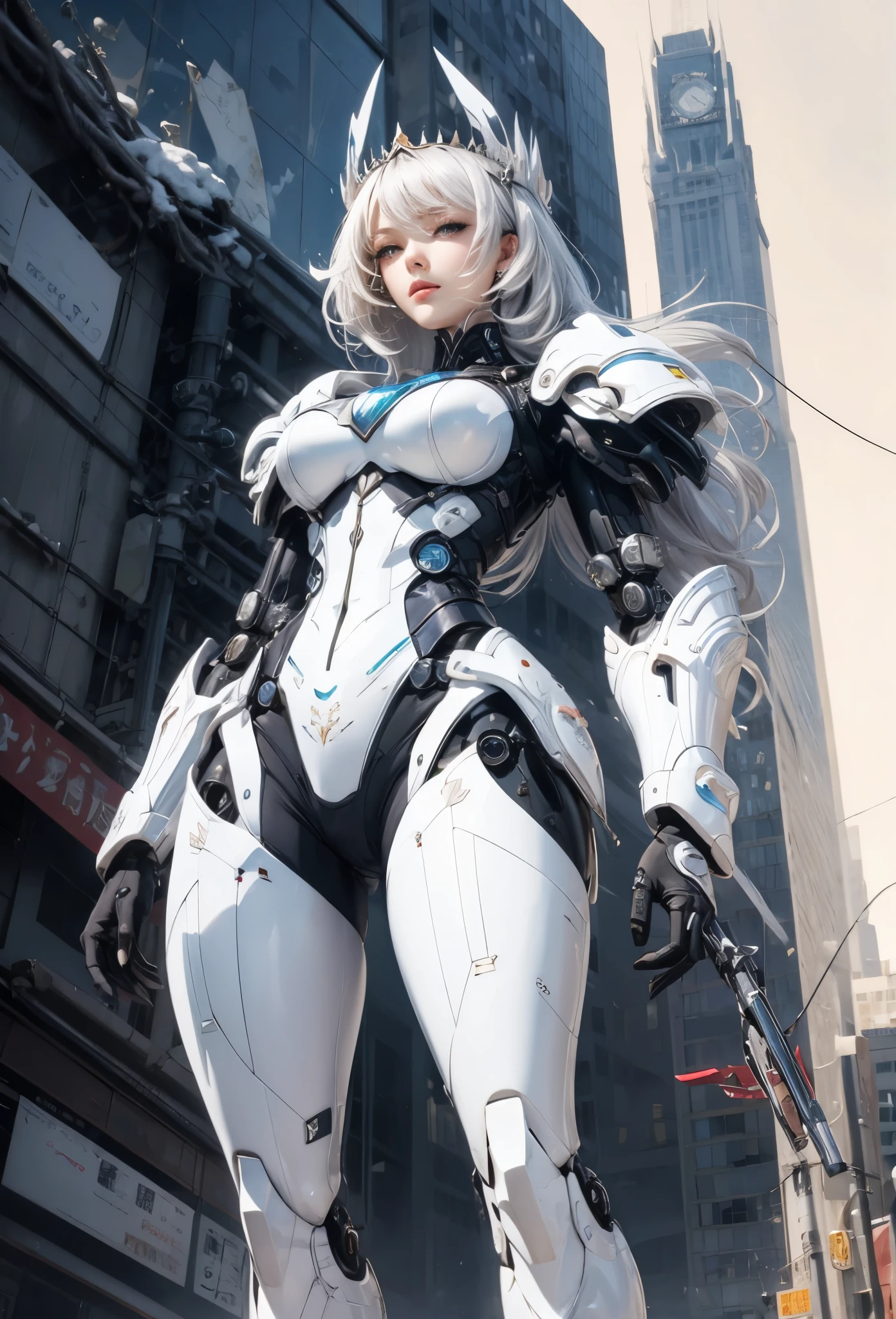 (Detailed illustrations,Very detailed and detailed drawing,Delicate lines with slow and rapid,Realistic texture expression),[Color tressed main line],[Modern city skyscrapers background],(ANIME)(A pure white GIANTROBOT Girl towering over the building area(SKINNY[SLENDER])),[AUTOMATON](A painstaking face like a sculpture[METALFACE[青白く発光するJewel-like eyes]])[(MACHINEKNIGHT)[Titanium internal skeleton](Delicate thin fingers)]],((Elegant exterior with many curved surfaces[smooth body surface])(large crown [[large raised shoulder pad]])(Ruffle Petticoat)),[TITANWEAPON[It is called the princess lily of white porcelain]Mecha Body[Metal skin][Cable running down the body surface[gear wheel]]],[Platinum coating],[科幻小说(Electromechanical)[Steampunk]],([beautiful and artistic decoration][Dense detail [White lily pattern]])[Transparency],(detaileds,high-detail),(Precisely drawn face[(Perfect and beautiful face)[Jewel-like eyes]]),[long and beautiful eyelashes],[Meticulously drawn hair [美しく艷やかな髪のdetaileds]],(完璧な手のdetaileds [Beautiful fingers without breakdowns [Beautiful nails]]),(Perfect Anatomy(Perfectly proportioned)),[Ideal color coordination(Accurate simulation of light-material interactions)],([Precision Detail](detaileds,high-detail)),(Huge feeling[Total length 40 meters])[[Full body like]][Visual art that conveys a sense of narrative].