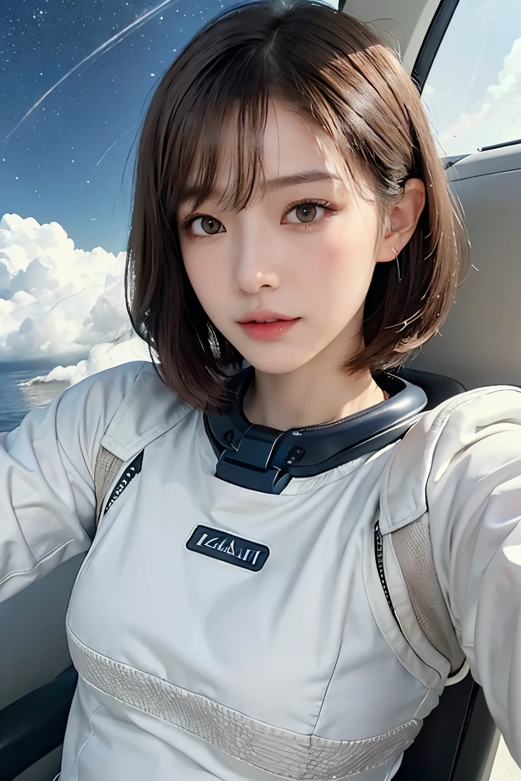 top-quality、masterpiece、超A high resolution、(realisitic:1.4)、Beautuful Women1、Beautiful detail eyes and skin、ssmile、Light brown short-cut hair、The perfect spacesuit、spaceships、cloudy ash sky、Snow World、