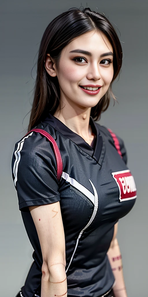 full-body close-up, create an elegant atmosphere), masterpiece, best quality,1girl,solo,grey background, blue shirt, wearing a volleyball jersey, wearing basketball jersey, lustful smirking smile expression (red blush),