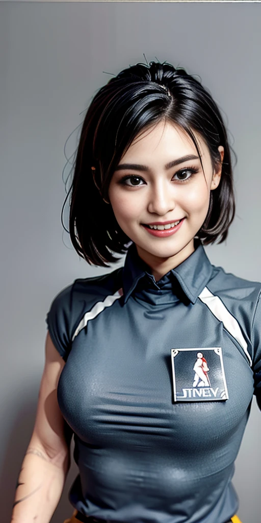 full-body close-up, create an elegant atmosphere), masterpiece, best quality,1girl,solo,grey background, blue shirt, wearing a volleyball jersey, wearing basketball jersey, lustful smirking smile expression (red blush),