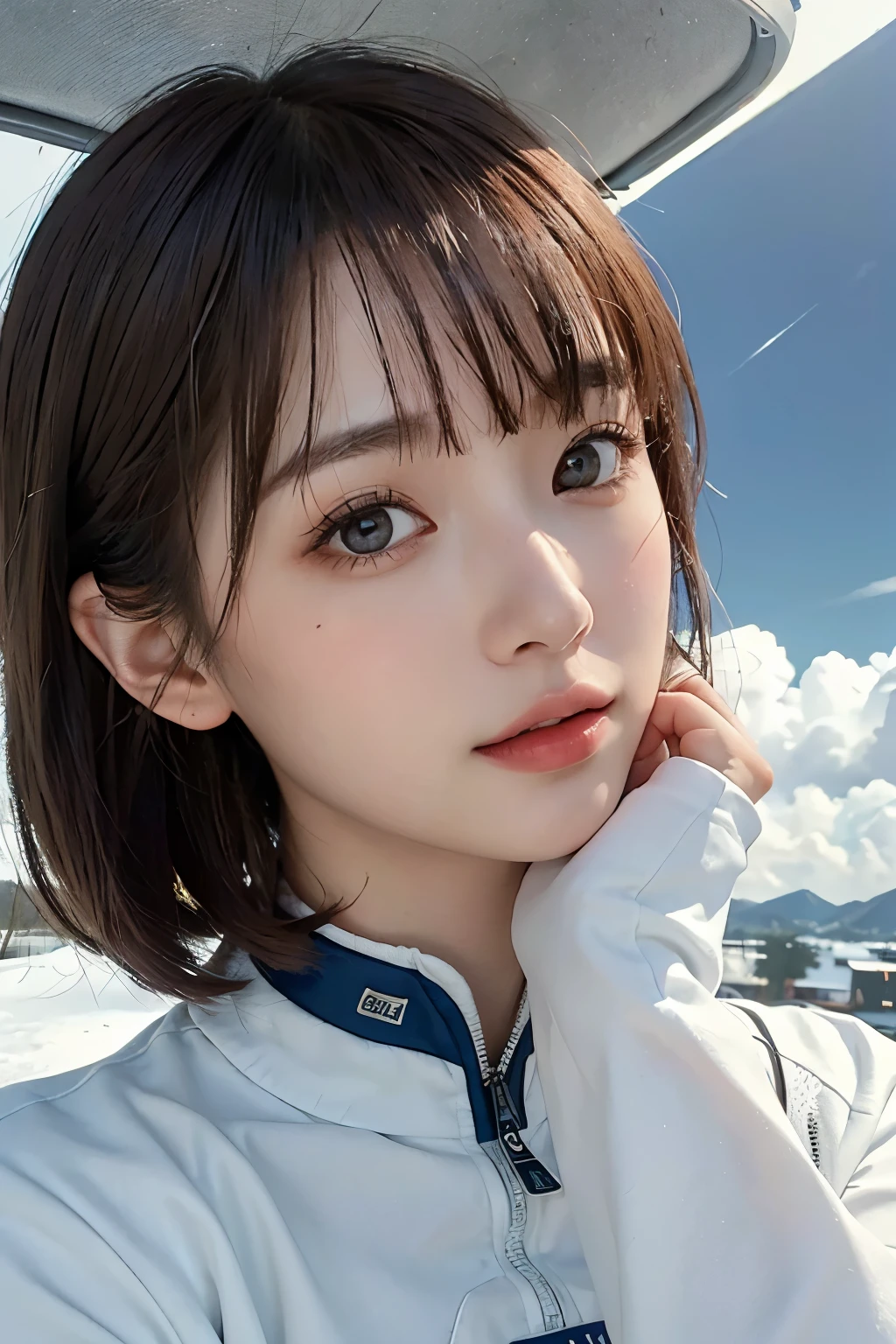 top-quality、masterpiece、超A high resolution、(realisitic:1.4)、Beautuful Women1、Beautiful detail eyes and skin、ssmile、Light brown short-cut hair、The perfect spacesuit、spaceships、cloudy ash sky、Snow World、