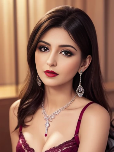 Lebanese lady, diamond dangling earrings, necklace, bracelets, small breasts, 40 years old, smokey eyes, cleavages, magenta lace bra, red lips, innocent face