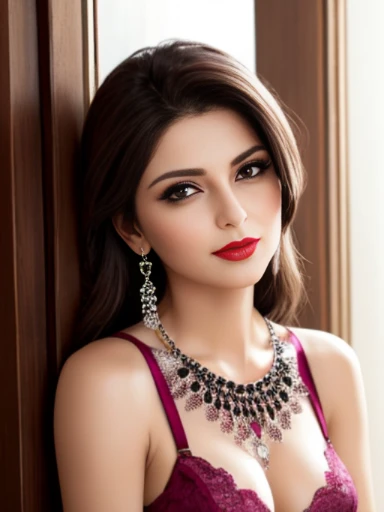 Lebanese lady, diamond dangling earrings, necklace, bracelets, small breasts, 40 years old, smokey eyes, cleavages, magenta lace bra, red lips, innocent face