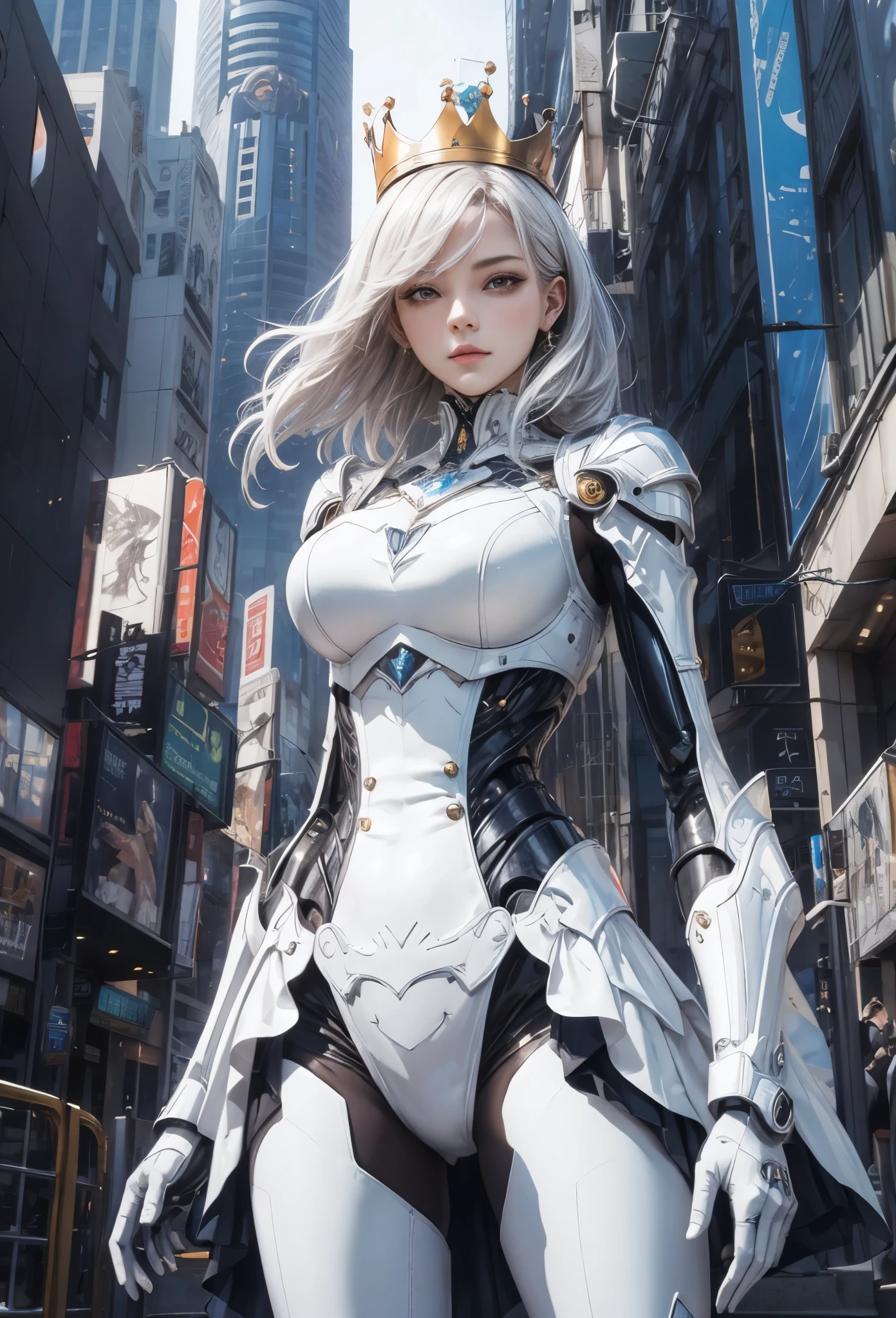 (Detailed illustrations,Very detailed and detailed drawing,Delicate lines with slow and rapid,Realistic texture expression),[Color tressed main line],[Modern city skyscrapers background],(ANIME)(A pure white GIANTROBOT Girl towering over the building area(SKINNY[SLENDER])),[AUTOMATON](A painstaking face like a sculpture[METALFACE[青白く発光するJewel-like eyes]])[(MACHINEKNIGHT)[Titanium internal skeleton](Delicate thin fingers)]],((Elegant exterior with many curved surfaces[smooth body surface])(large crown [[large raised shoulder pad]])(Ruffle Petticoat)),[TITANWEAPON[It is called the princess lily of white porcelain]Mecha Body[Metal skin][Cable running down the body surface[gear wheel]]],[Platinum coating],[科幻小说(Electromechanical)[Steampunk]],([beautiful and artistic decoration][Dense detail [White lily pattern]])[Transparency],(detaileds,high-detail),(Precisely drawn face[(Perfect and beautiful face)[Jewel-like eyes]]),[long and beautiful eyelashes],[Meticulously drawn hair [美しく艷やかな髪のdetaileds]],(完璧な手のdetaileds [Beautiful fingers without breakdowns [Beautiful nails]]),(Perfect Anatomy(Perfectly proportioned)),[Ideal color coordination(Accurate simulation of light-material interactions)],([Precision Detail](detaileds,high-detail)),(Huge feeling[Total length 40 meters])[[Full body like]][Visual art that conveys a sense of narrative].
