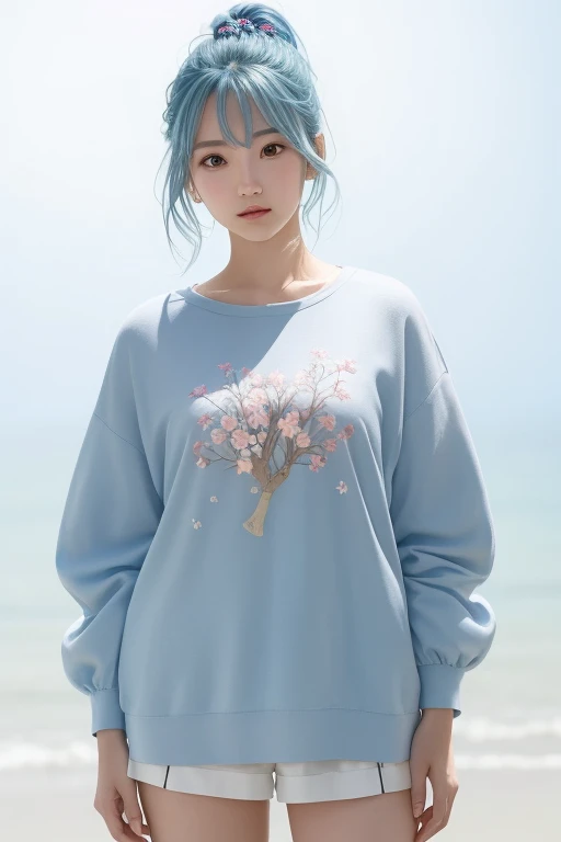 (masutepiece), (Best Quality), (ultra-detailliert),(disheveled hair),(Illustration), (1girl in), (Fashionable clothing), Standing, Fashion Model, Looking at Viewer, (interview), (Simple background),Beautiful detailed eyes, Delicate beautiful face, floating,(High color saturation),(Colorful splashes),colorful bubble,(Shining), Focus on Face,  Ponytail, kamisato ayaka, Light blue hair, Bangs, hair rings, Floating flowers, Floating hairs, (Shining), The best lighting, Best Shadow,