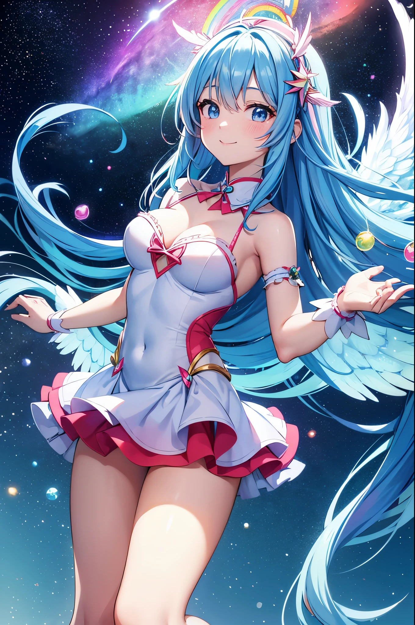 Super Idol　a beauty girl　A charming smile　sky blue hair　length hair　Twin-tailed　white and red、blue and yellow、verdant、pink there、A frilly leotard costume you&#39;ve never seen before、Looking at the camera　The angel has 7 large rainbow-colored wings、Fantasia　constellation　a moon　Crystal Brilliance　Aurora Borealis in the Night Sky