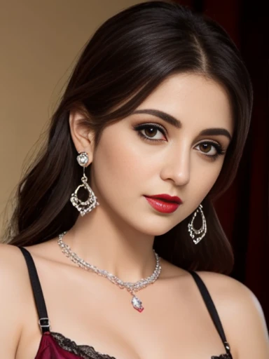Lebanese lady, diamond dangling earrings, necklace, bracelets, small breasts, 40 years old, smokey eyes, cleavages, mauve lace bra, red lips, innocent face