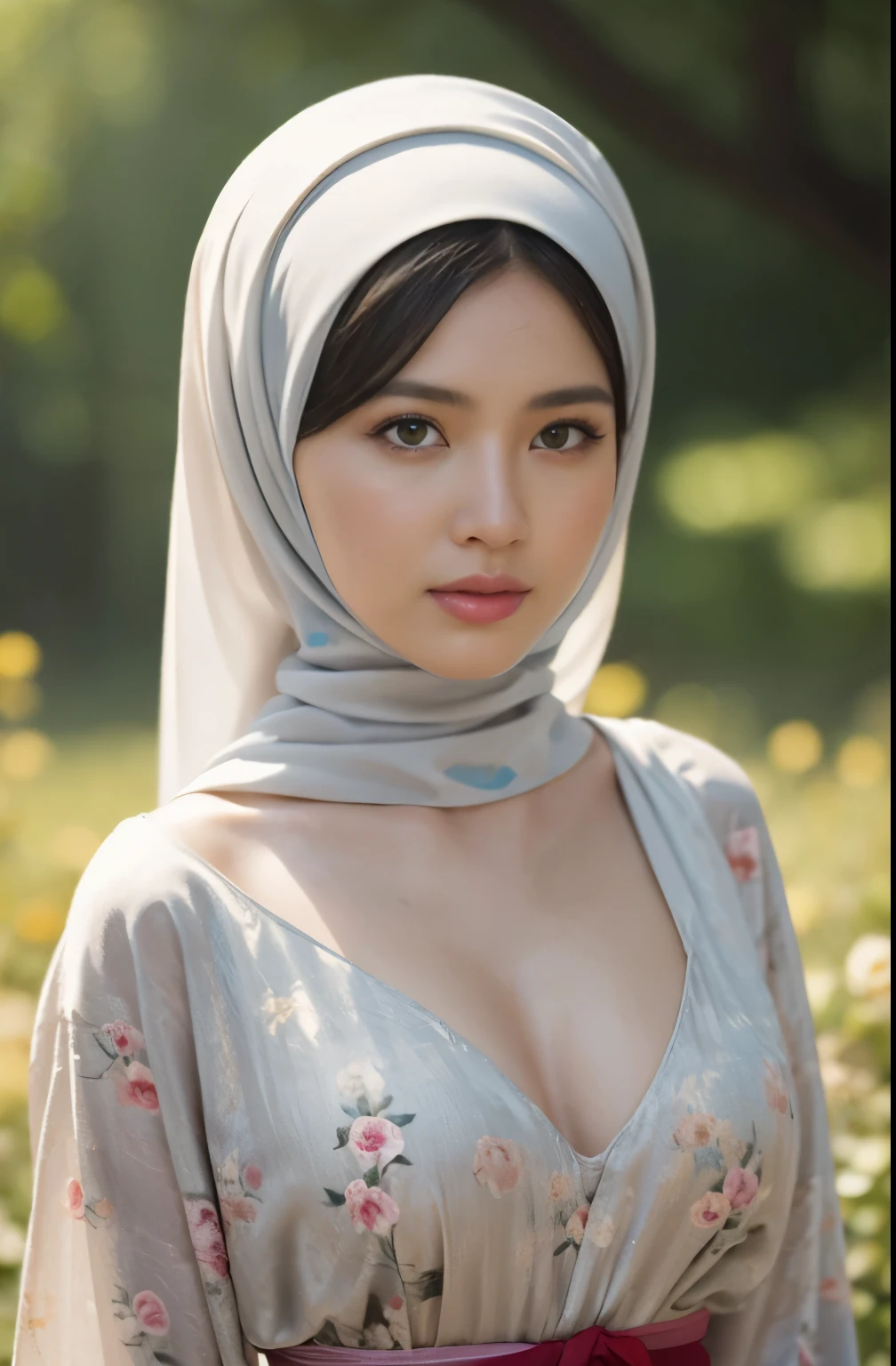 Nude , Porn, (Close-up of the painting style，Ultra HD 8K，Masterpiece grade CG wallpaper)，Cinematic lighting，cute girly，Delicate and beautiful face，Dreamy pupils，Wearing a small short , round waist,hijabi,Bust poem,Sit，Cloudy background,the trees,florals,夏天,Chinese style buildings, magical
