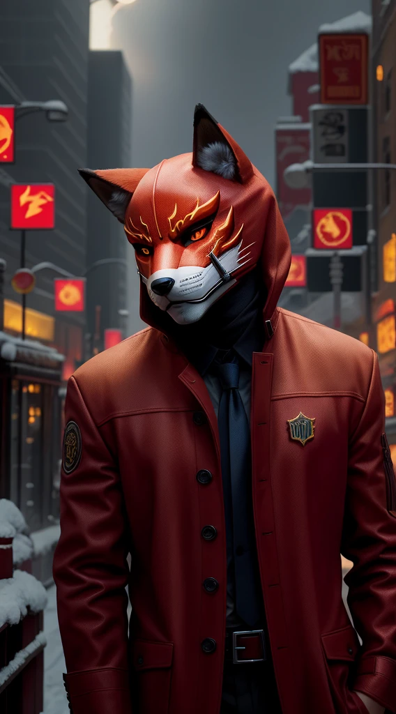 There&#39;s a man in a shirt, tie and mask standing in a hell of fire.,The whole body is surrounded by flame special effects， Villain wearing red ghost mask, Fox mask on head, with Fox mask, wearing a Fox mask, Fox mask, Wojtechfors, profile picture 1024px, Portrait shooting, movie 4k wallpaper, movie 4k wallpaper, Red and movie lighting