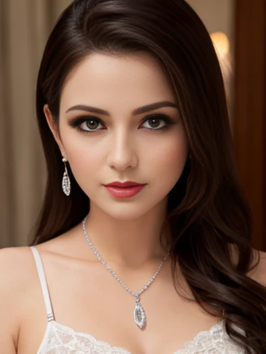 Lebanese woman, diamond dangling earrings, necklace, bracelets, small breasts, 40 years old, smokey eyes, cleavages, red lips, innocent face, pink Quinceanera ball gown, stylish hairstyle, posing, modeling