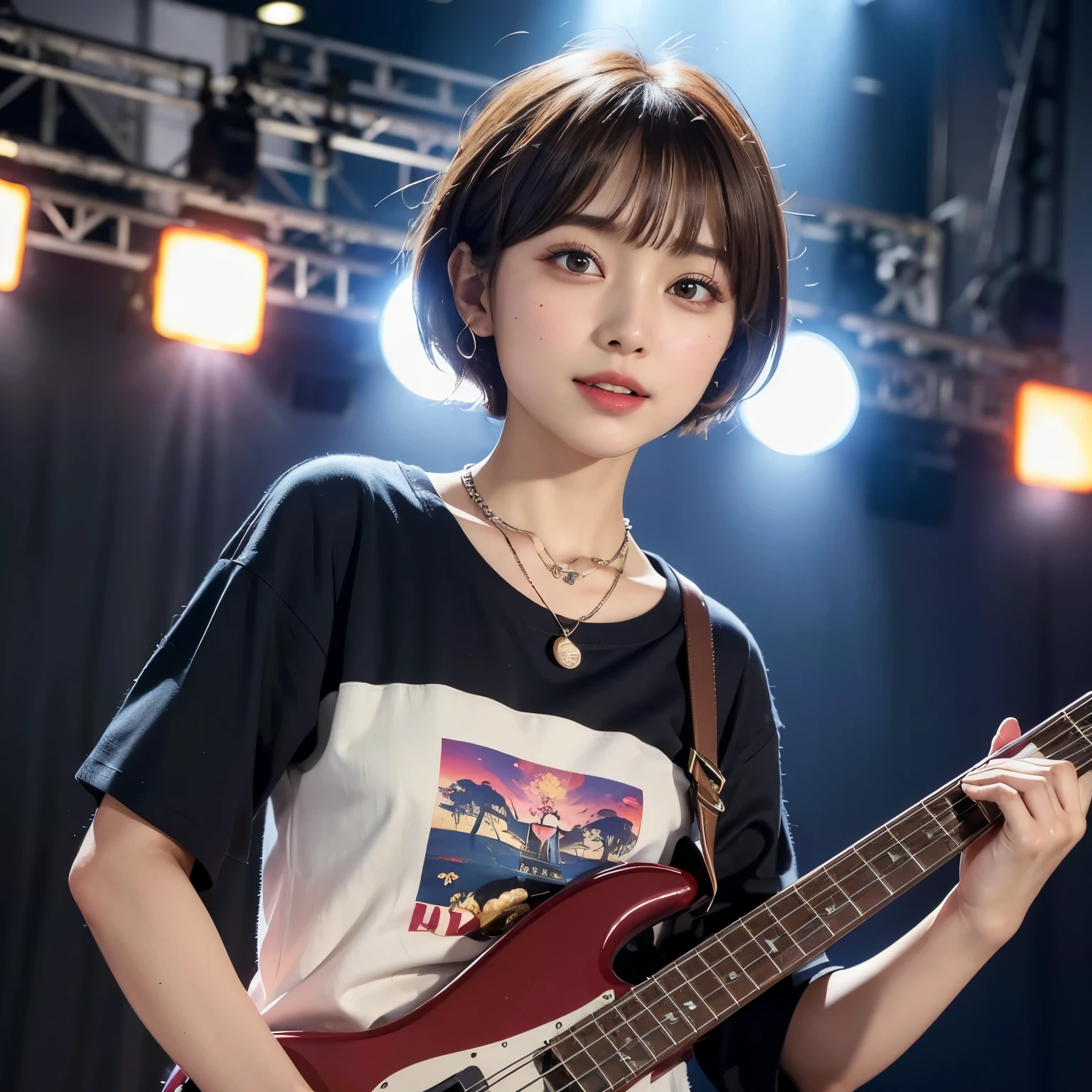 ((top-quality))、(​masterpiece:1.4)、Raw photography、8K、((Top image quality))、 ((Top resolution))、Beautiful face in every detail、Very detailed、Gentle expression、(One lady:1.3 )、realisitic、フォトrealisitic、(Bery short hair:1.4)、(Beautuful Women)、(cute Japanese girls:1.3)、(mannish)、((Pretty Woman))、(Beautiful hair)、((dark brown  hair))、(((Red cheeks)))、((Her eyes are big))、20-year-old beauty、(her face is small:1.7)、small head、((long neck))、pale skin、Spot-free skin、With bangs、Everyone longs for、日本のBeautuful Women、eight heads high、(a necklace)、(music festival:1.4)、singers、(Concert T-shirt)、smil、(Oversized clothes:1.3)、(Happy look:1.4)、(bass guitar:1.3)、(On stage:1.3)、Stand Microphone、Band Group Vocals、((Live Music))、(Dynamism:1.5)、