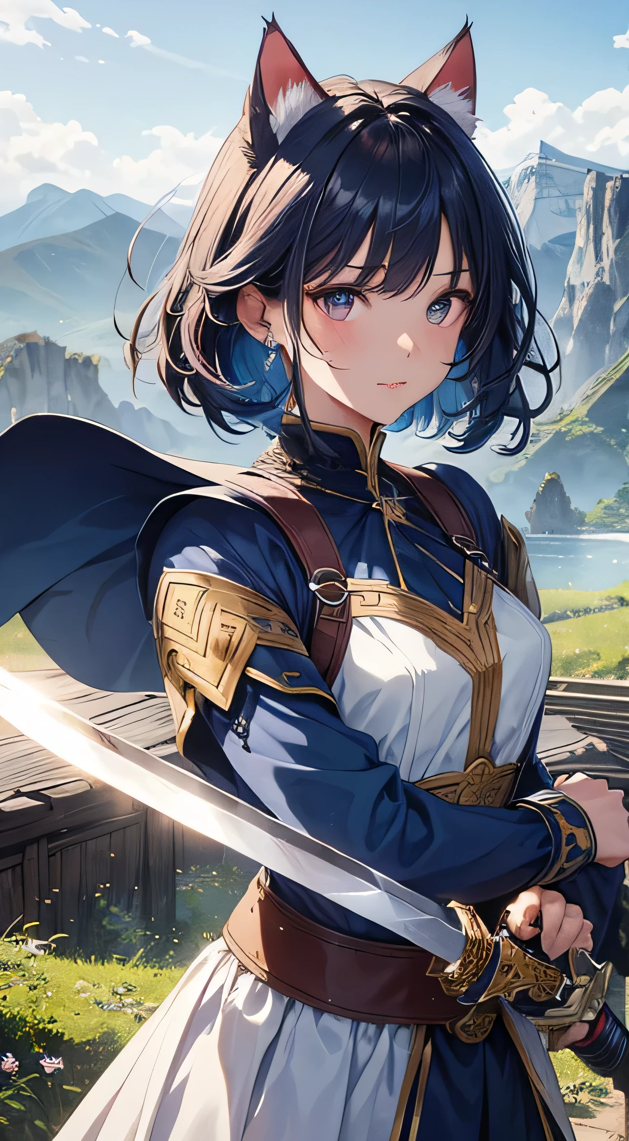 beautiful detail한 소녀, Clear and beautiful, radiant skin, girls, femele, young, 20yo, bobbed hair, short-hair, beautiful detail glass hair, ((Wielding a big sword, Combat posture)) ((colorful blue greek costumes)) beautiful detail, , beautiful-detailed eyes, medium 가슴, Brown eyes, Full-fledged skin texture, Very good 8KCG wallpapers, very fine 8K CG wallpaper, watercolor (medium), female warrior, (((cat ear))), Wielding a sword, Attacking stance, (((Natural background, mountains, wood))), ((plein air)), upper body cut, Costume colors are colorful and saturated..,