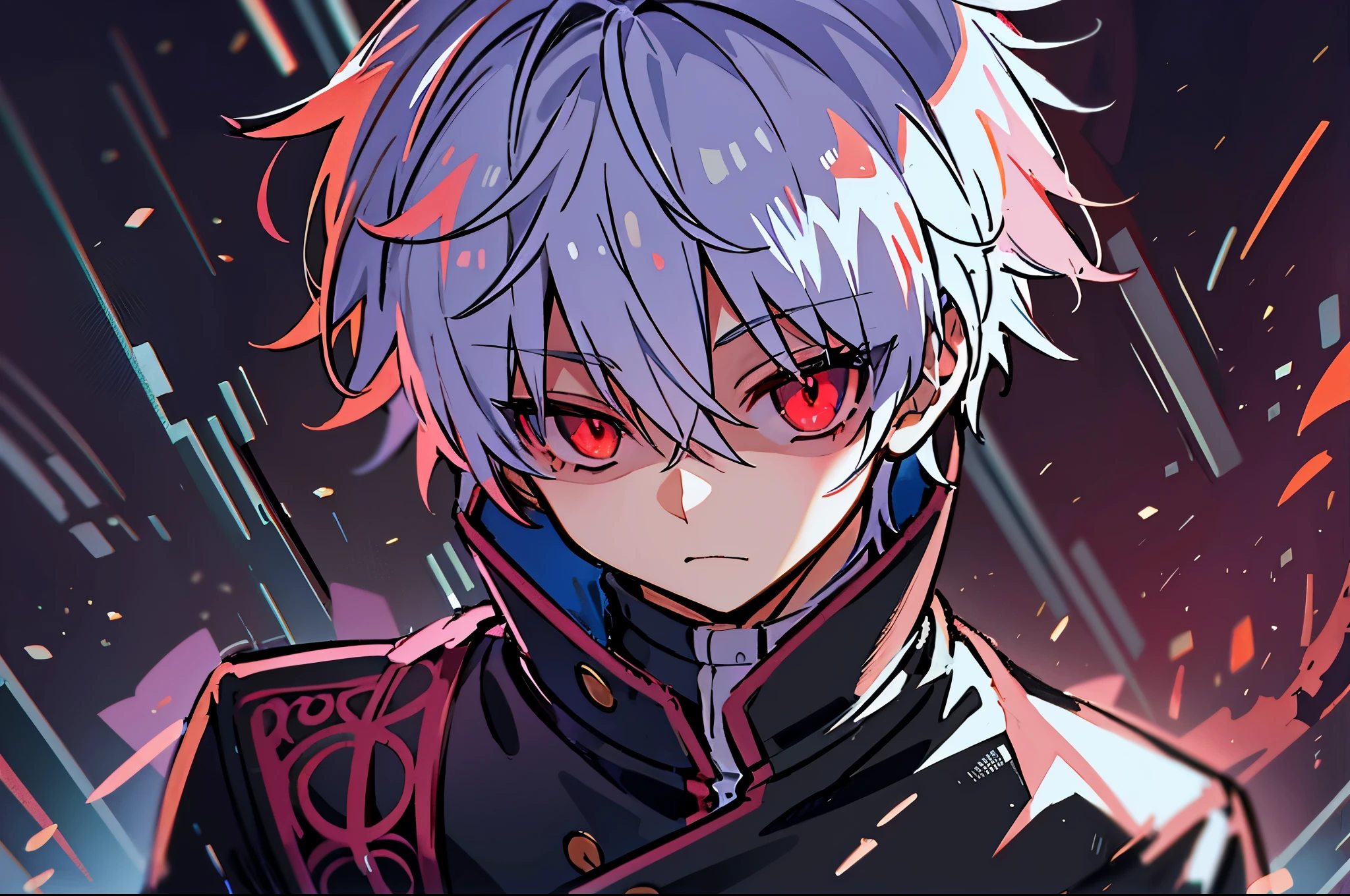 hight resolution,close range、Anime boy with white hair and red eyes staring at camera, Glowing red eyes,slim, dressed in a black outfit,Shadow Body,colorful backdrop,hair messy,yameroyandere, Diagonal angle