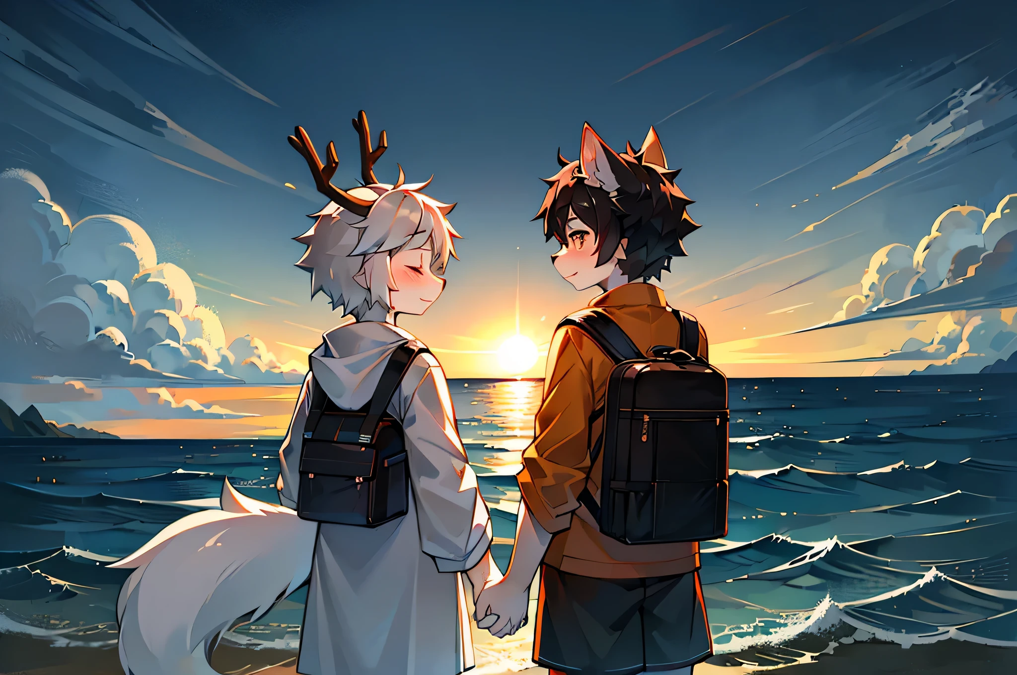 White deer in white robe,A black-haired wolf wearing an orange shirt,Cute Shota,two guys,sunraise,standing on the sea side,Clear sea,Raging sea,sandbeach,Clear blue sky,handshake,Gorgeous clothing brown backpack,With his eyes closed,Facing the sea,facing away from the audience,