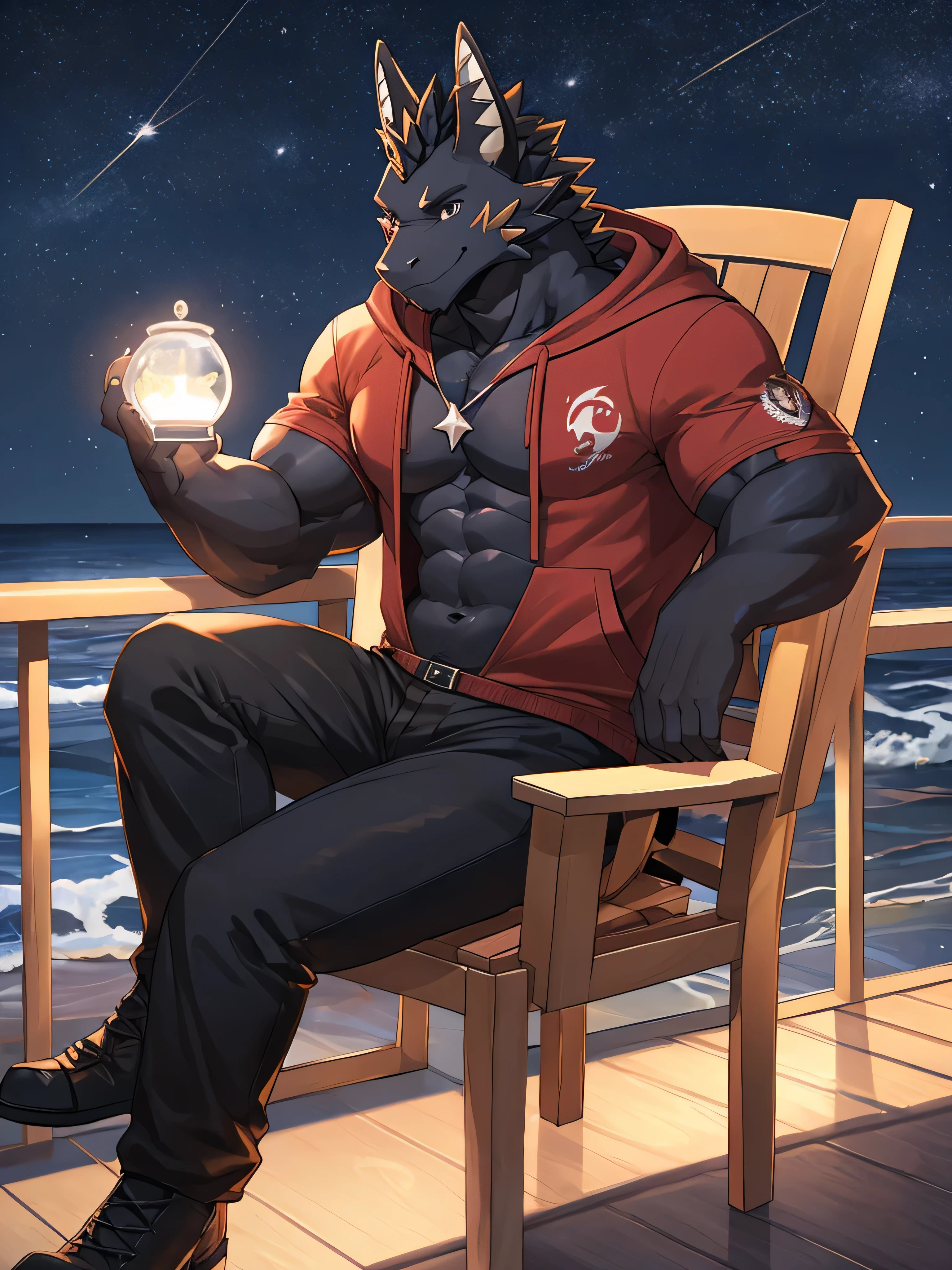 (ByZEphyrus)furry.bara,Dragon mixed with fox,Black feathers,(Black eyes,The iris is star-shaped 1.2),crave,muscular,Dragon Tail 1.2,Wear a red hoodie,Wear black trousers..,sitting on a chair by the sea,at night,Looking up at the colored belly,There are stars in the sky..