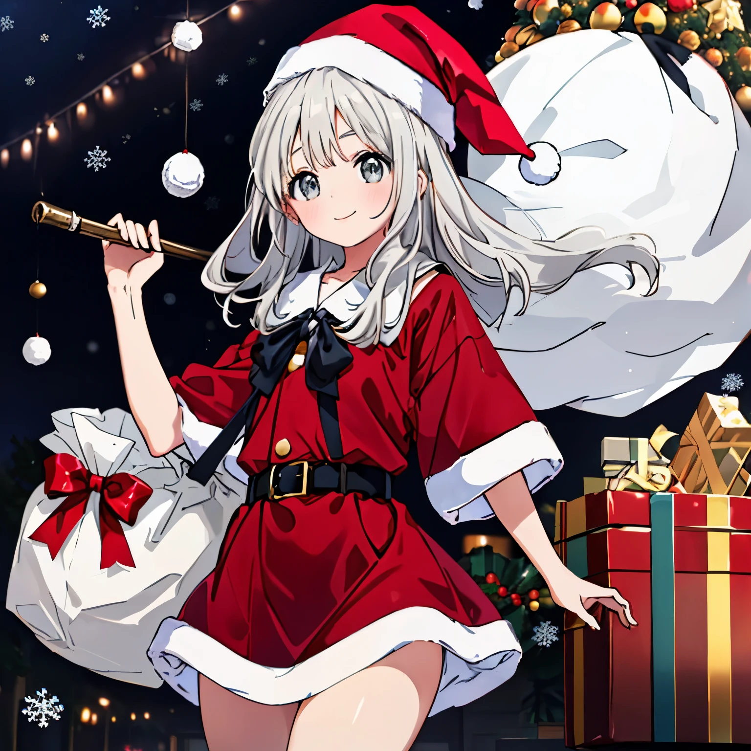 (((1girl in))), HotaruHiraiwaR4, ((((There is a girl next to the opening of a round, bulging white bag.)), realisitic, 8K, high-level image quality, grey hair, grey eyes, long hair, Santa's Hat, santa claus skirt, sailor santa clothes, (((1 girl))), all-fours, Smile modestly, there are many white bags, Christmas