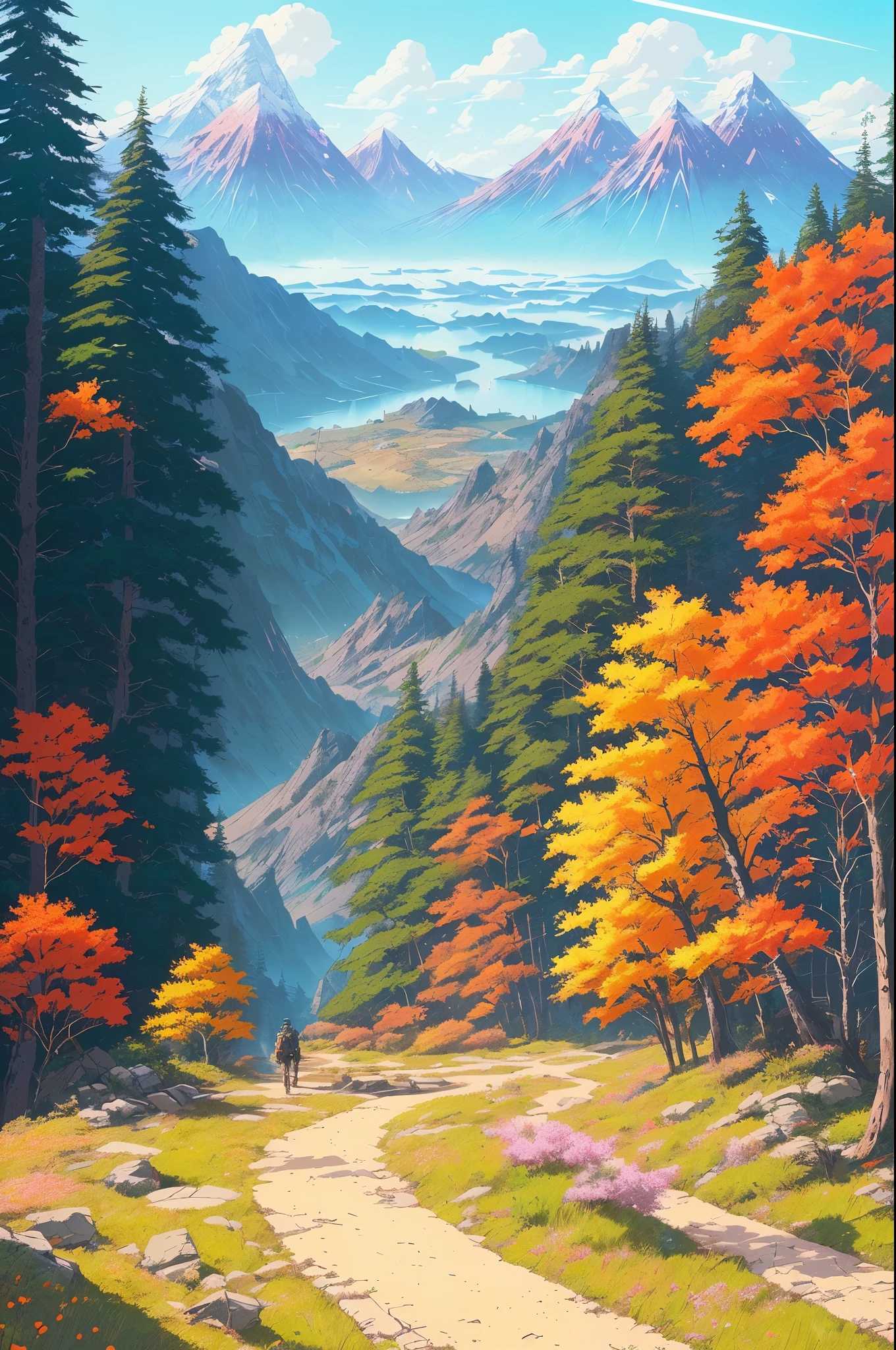 Realistic, real life, beautiful hiking trail with background by greg rutkowski, style of laurie greasley, studio ghibli, akira toriyama, james gilleard, genshin impact, trending pixiv fanbox, acrylic palette knife, 4k, (vibrant colors), (highly saturated), devinart, trending on artstation