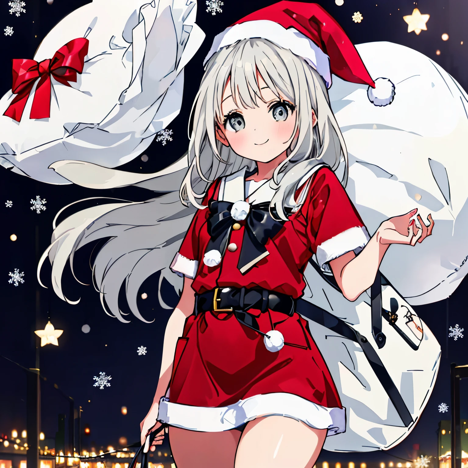 (((1girl in))), HotaruHiraiwaR4, ((((There is a girl next to the opening of a round, bulging white bag.)), realisitic, 8K, high-level image quality, grey hair, grey eyes, long hair, Santa's Hat, santa claus skirt, sailor santa clothes, (((1 girl))), all-fours, Smile modestly, there are many white bags, Christmas