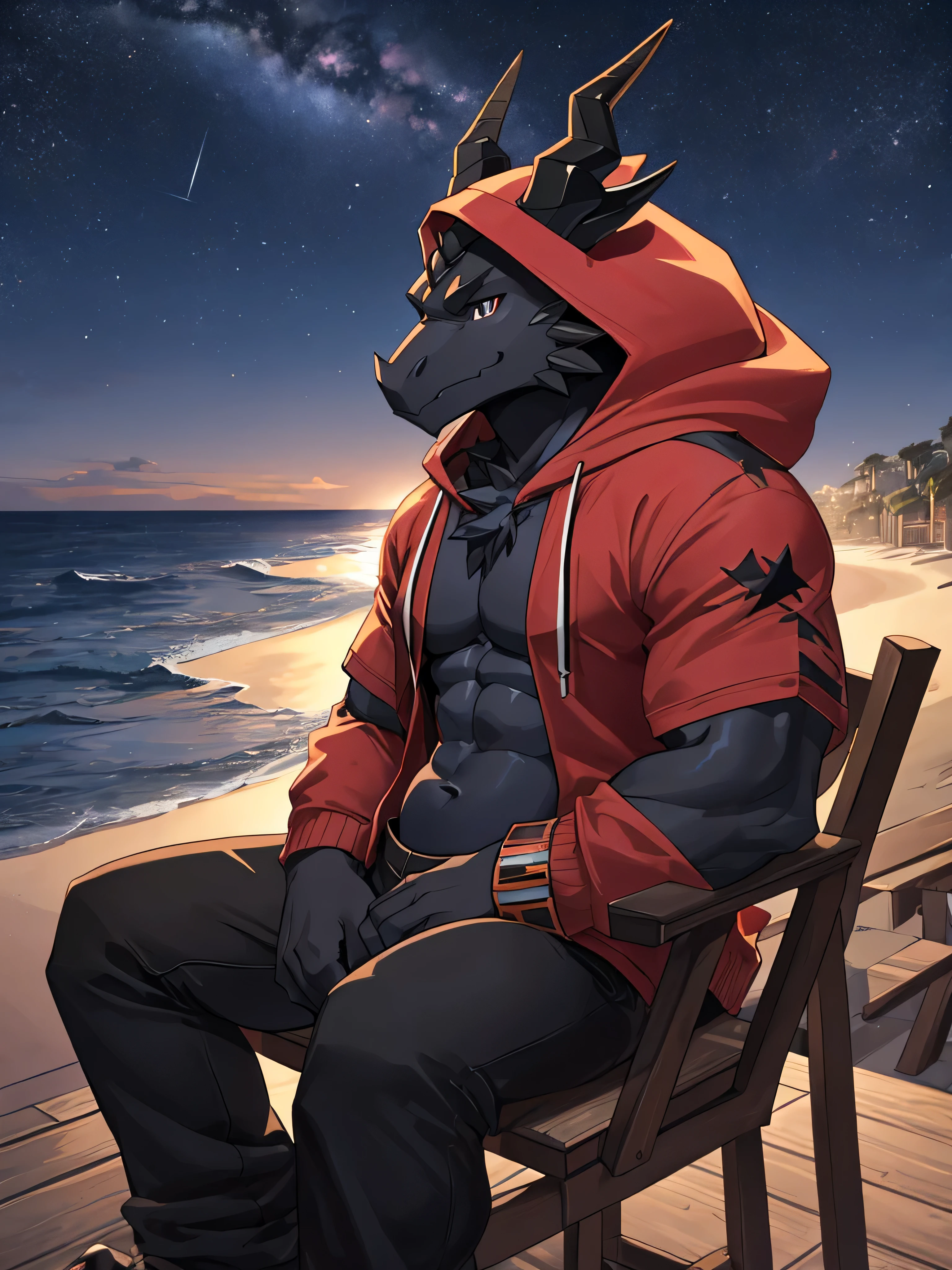 (ByZEphyrus)furry.bara,half dragon fox,Black feathers,(Black eyes,The pupils are star-shaped..),Has dragon horns 1.3 ,muscular,Dragon Tail 1.2,Wear a red hoodie,Wear black trousers..,sitting on a chair by the sea,at night,Looking up at the colored belly,There are stars in the sky..