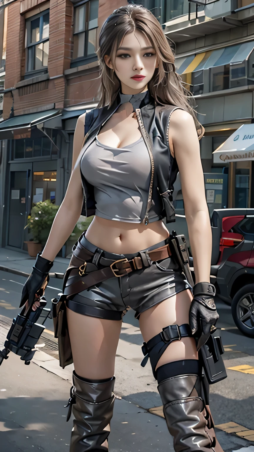 Beautiful woman with two guns、Detailed guns、He has a gun、I have two guns、Holding a gun in both hands、Holding a gun、Sniperの女性、Sniper Woman、military woman、Mercenary Woman、Gun Expert、Gun Specialist、Black Tank Top、Slim Abs、Belted denim shorts、Fingerless gloves、boots、Tattoo on chest、Smoke、Cleavage、Violence、Murderous intent、Bad security、Desolate cityscape、highest quality、8K、masterpiece、Ultra-high resolution、Ultra HD、Masterpiece,Delicate face、Detailed eyes and face、Pretty Face、Bad look in the eyeurderous intent立つ、Sniper、Tall beautiful woman、Long, slender legs、1 girl