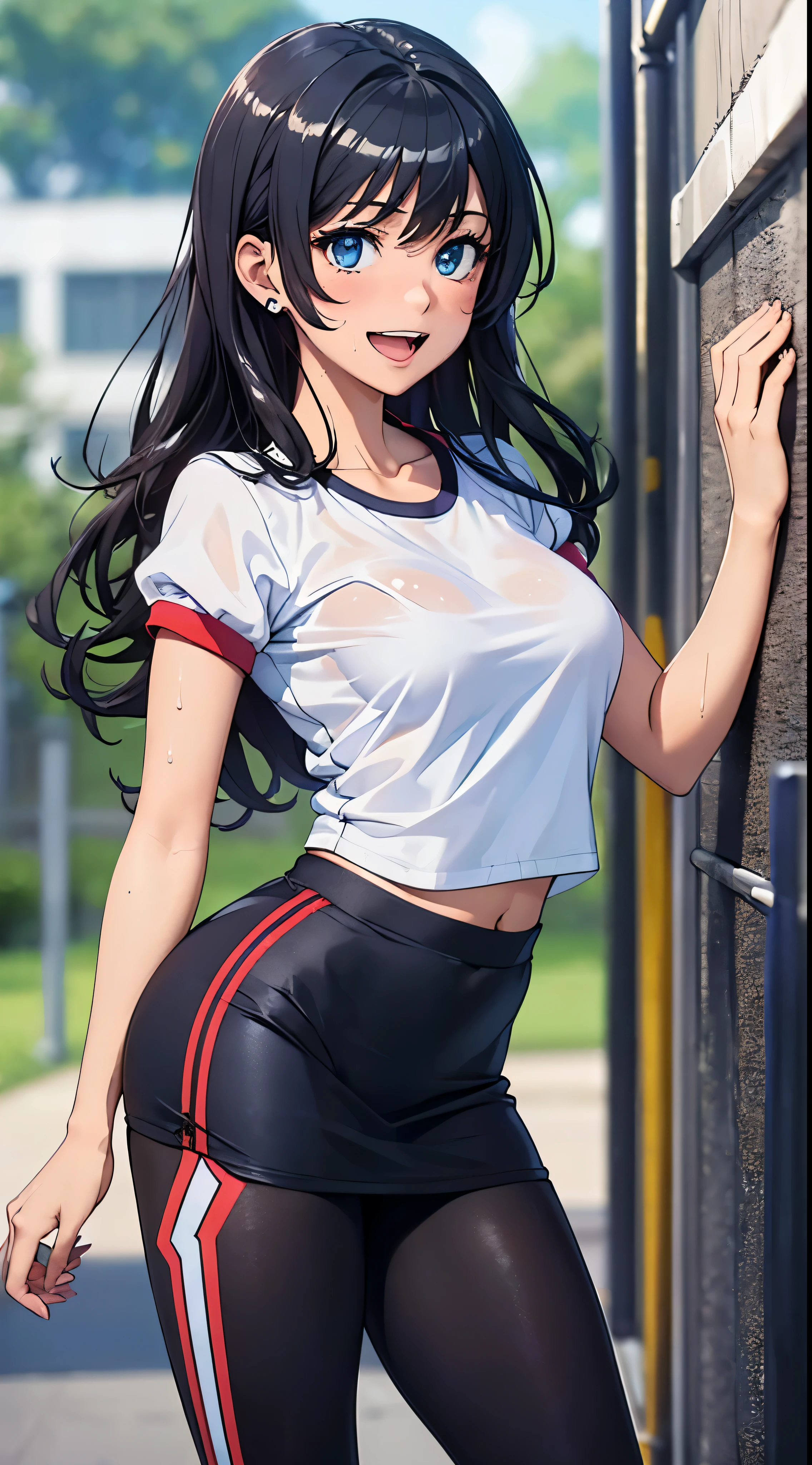 1womanl,Black hair,14years ,(()),Beautiful breasts,(((Sexy white and blue shiny gym uniform and micro skirt)))(())(((Blushing cheeks、Smile with open mouth)),(((Satin Narico))),((( portlate))),Crowds,Shiny white and blue gym uniform and microskirt,((Wet with sweat))