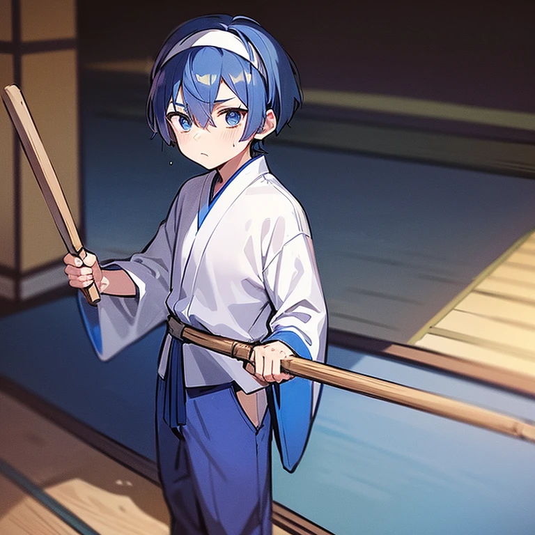1 Little anime boy with short blue hair and blue eyes wearing a blue ancient Japanese shirt and long blue ancient Japanese pants and wearing a white headband and he is looking serious and he is sweating and he is holding a wooden stick in his right hand in a dojo