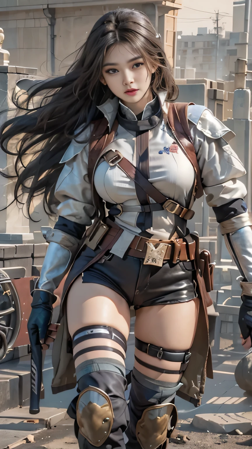 realisticlying, A high resolution, 1人の女性, Alone, hip-up, view the viewer, (详细的脸), long whitr hair, SWAT vests, jewely, medium chest circumference, battlefield outfit, Silver set, Bare belly and shoulders, Bare with thighs, Architectural background, foot on foot,,