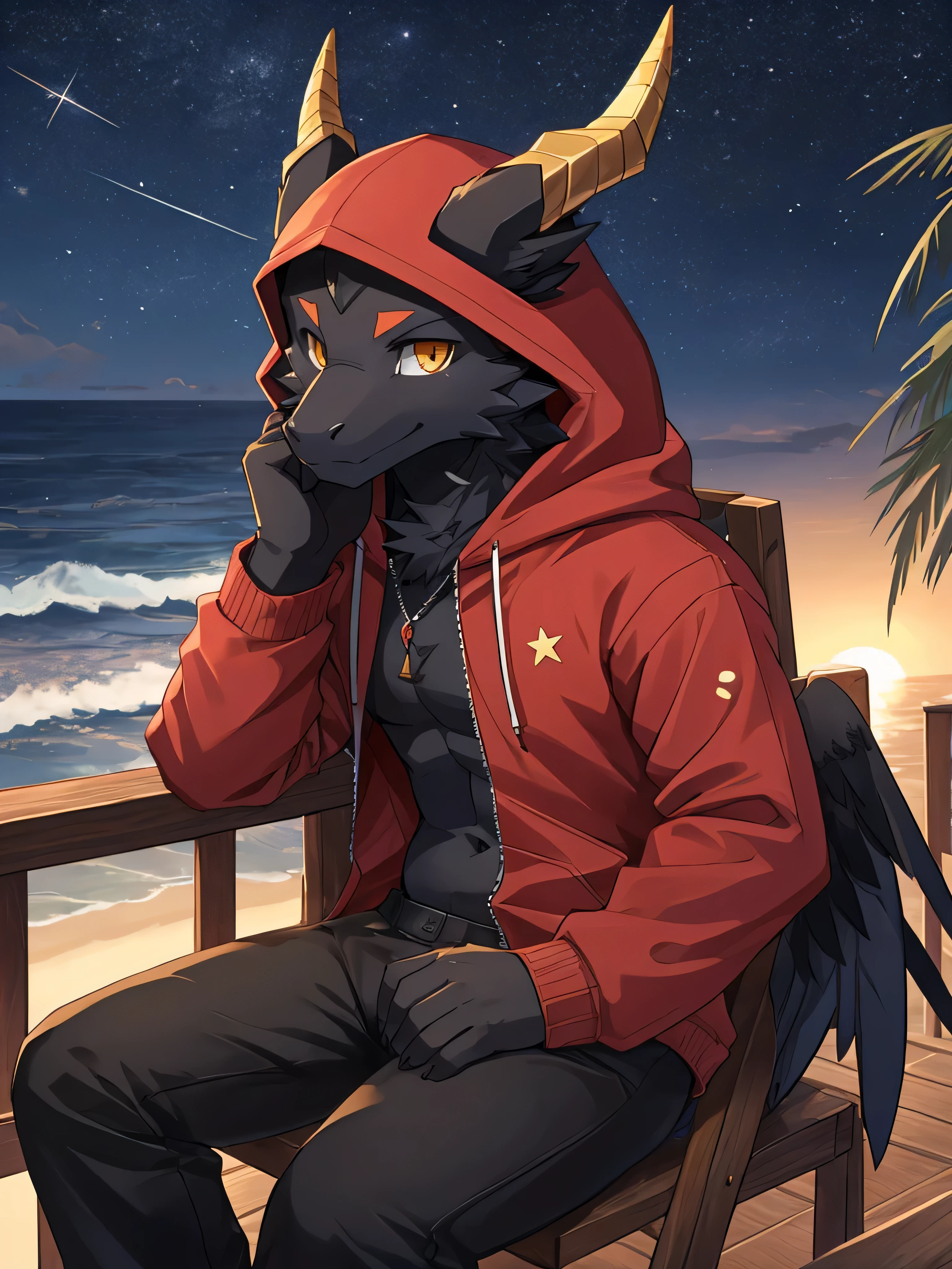 (ByZEphyrus)furry.bara,fox,Black feathers,golden eyes,Star-shaped pupil 1.5,Has dragon horns 1.0 ,winged dragon 1.0 ,Wear a red hoodie,Wear black trousers..,sitting on a chair by the sea,at night,Looking up at the colored belly,There are stars in the sky..