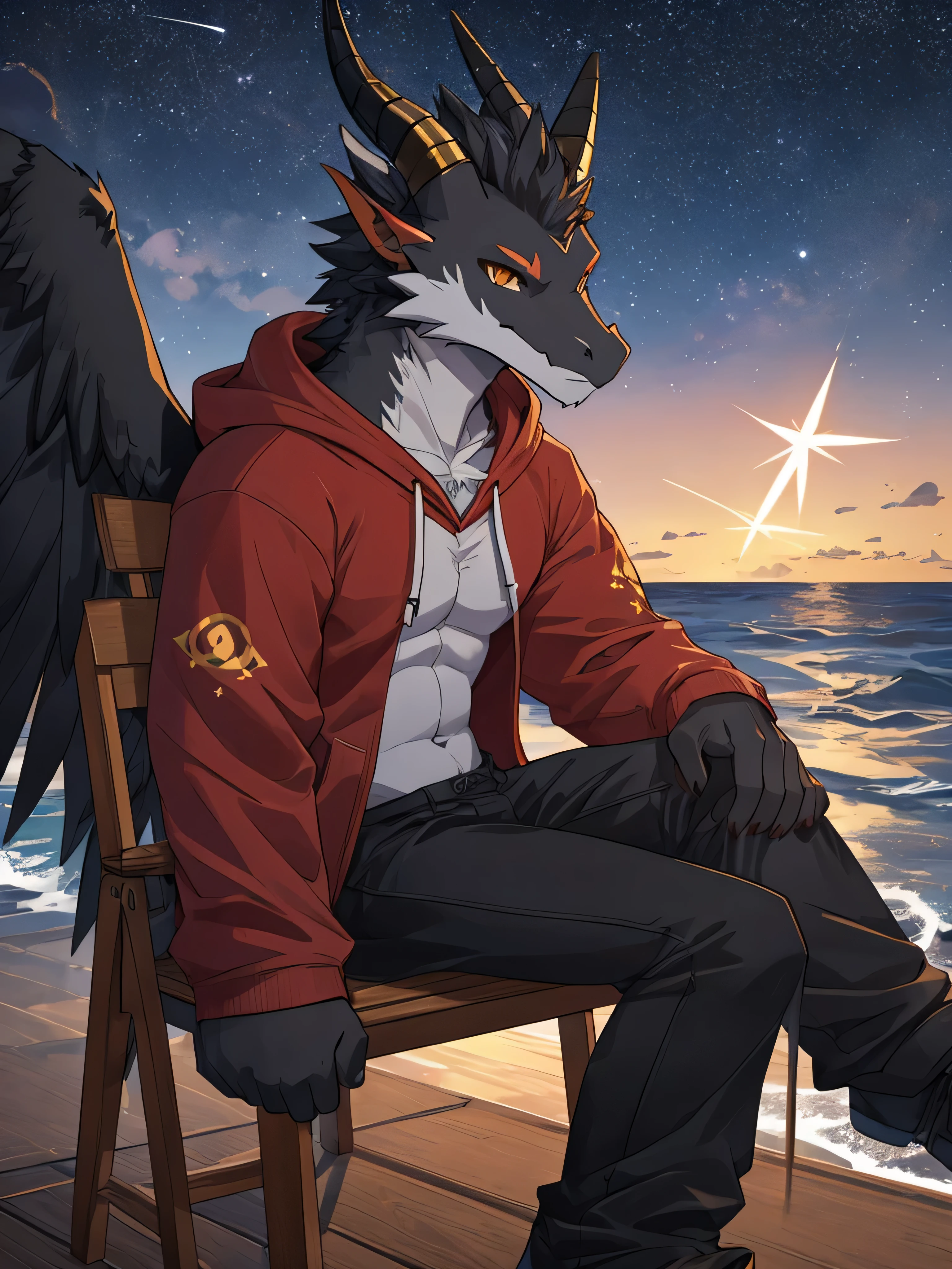 (ByZEphyrus)furry.bara,fox,Black feathers,golden eyes,Star-shaped pupil 1.5,There is 1 small dragon horn..0 ,winged dragon 1.0 ,Wear a red hoodie,Wear black trousers..,sitting on a chair by the sea,at night,Looking up at the colored belly,There are stars in the sky..