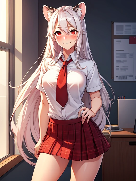 White girl standing in a work office , fit, white long flowing hair , smiling , blushing , small snow leopard ears , red eyes , surpired embarrassed expression, freckles,  sexy pose , wearing a short skirt with her pussy out