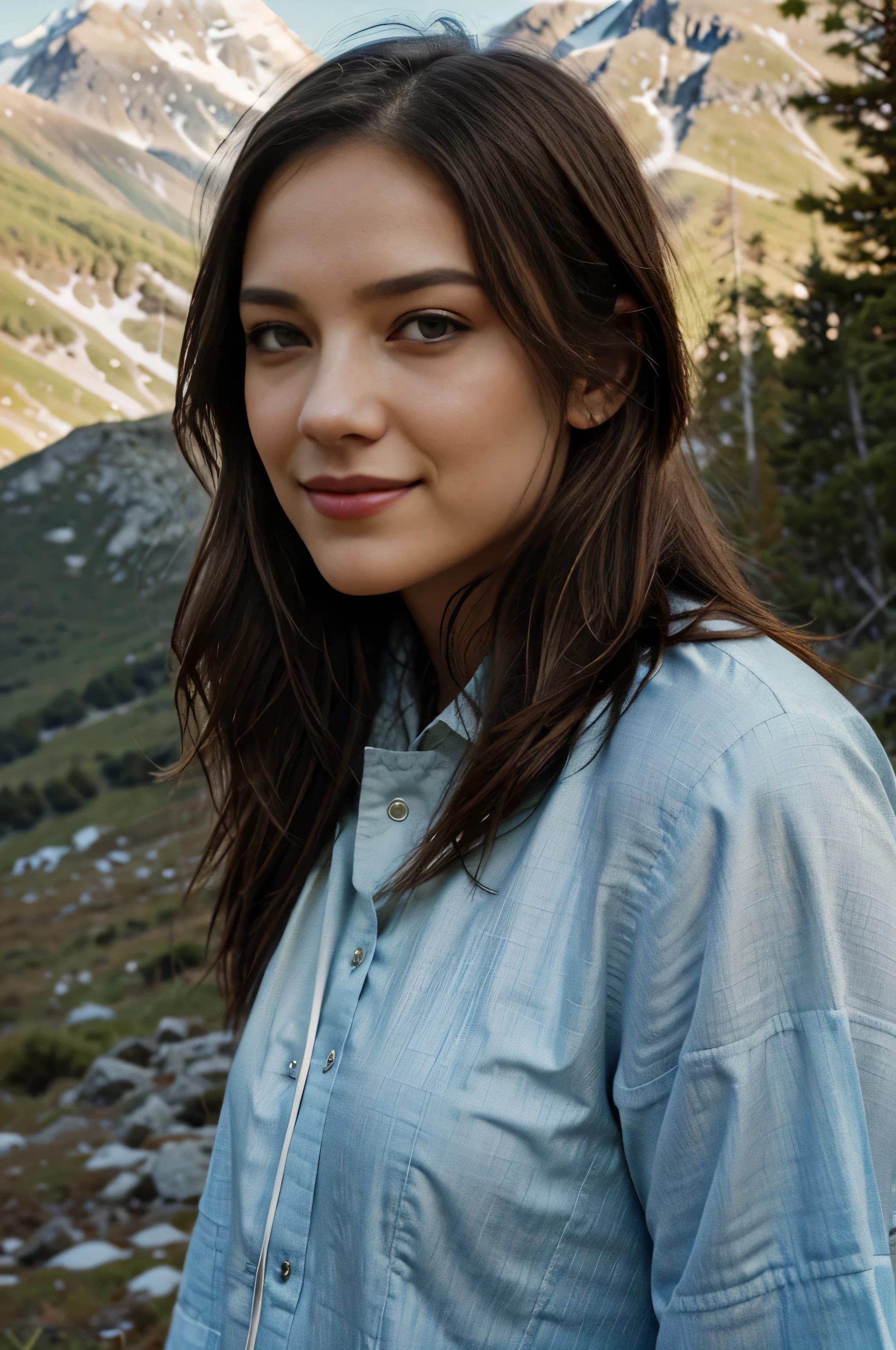 realistic woman sbeautiufl face, misterious, with dress, at mountain